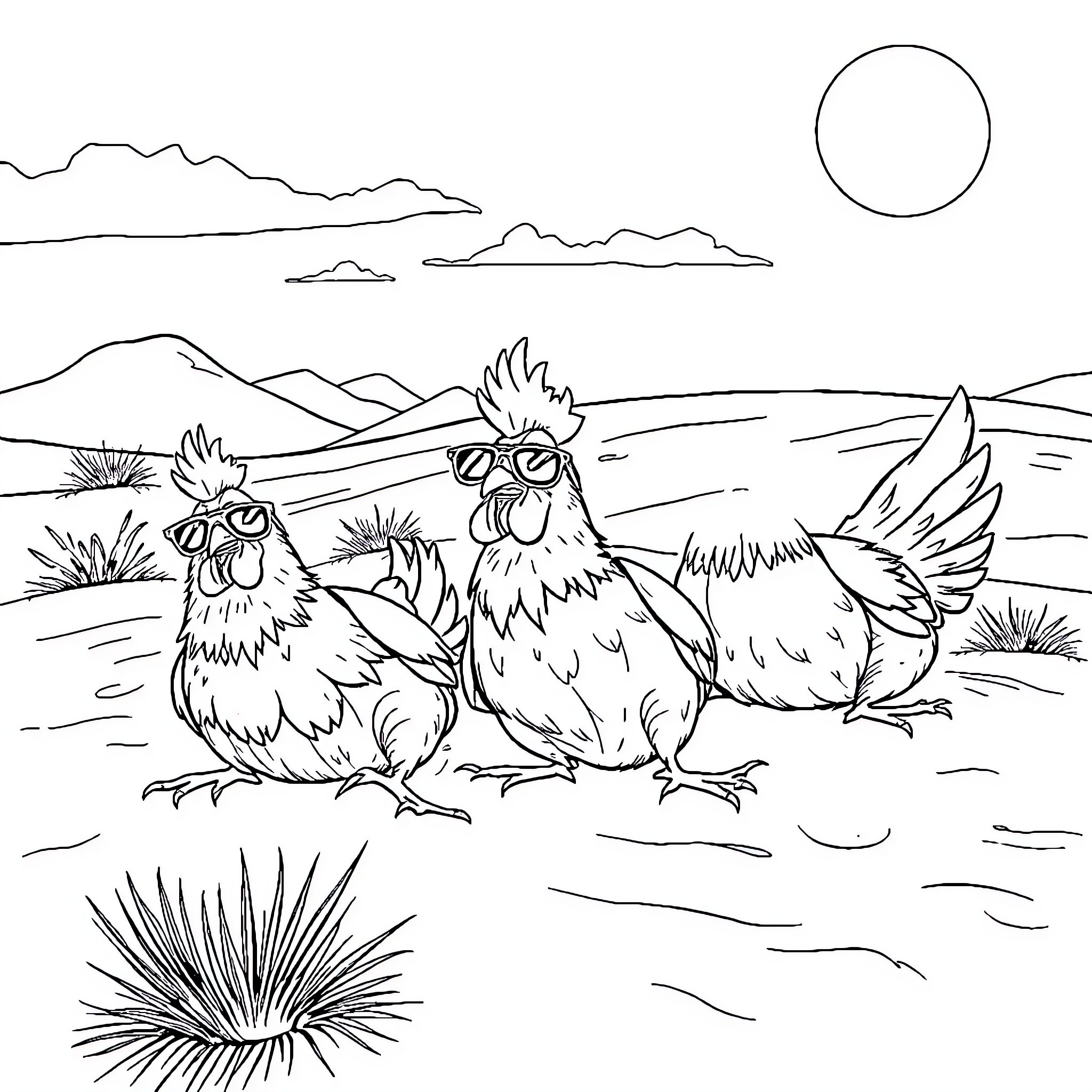Chickens chatting in the countryside Coloring Page (free black-and-white line drawing printable PDF for all, from beginners to advanced learners, including children, teens, adults, and seniors)