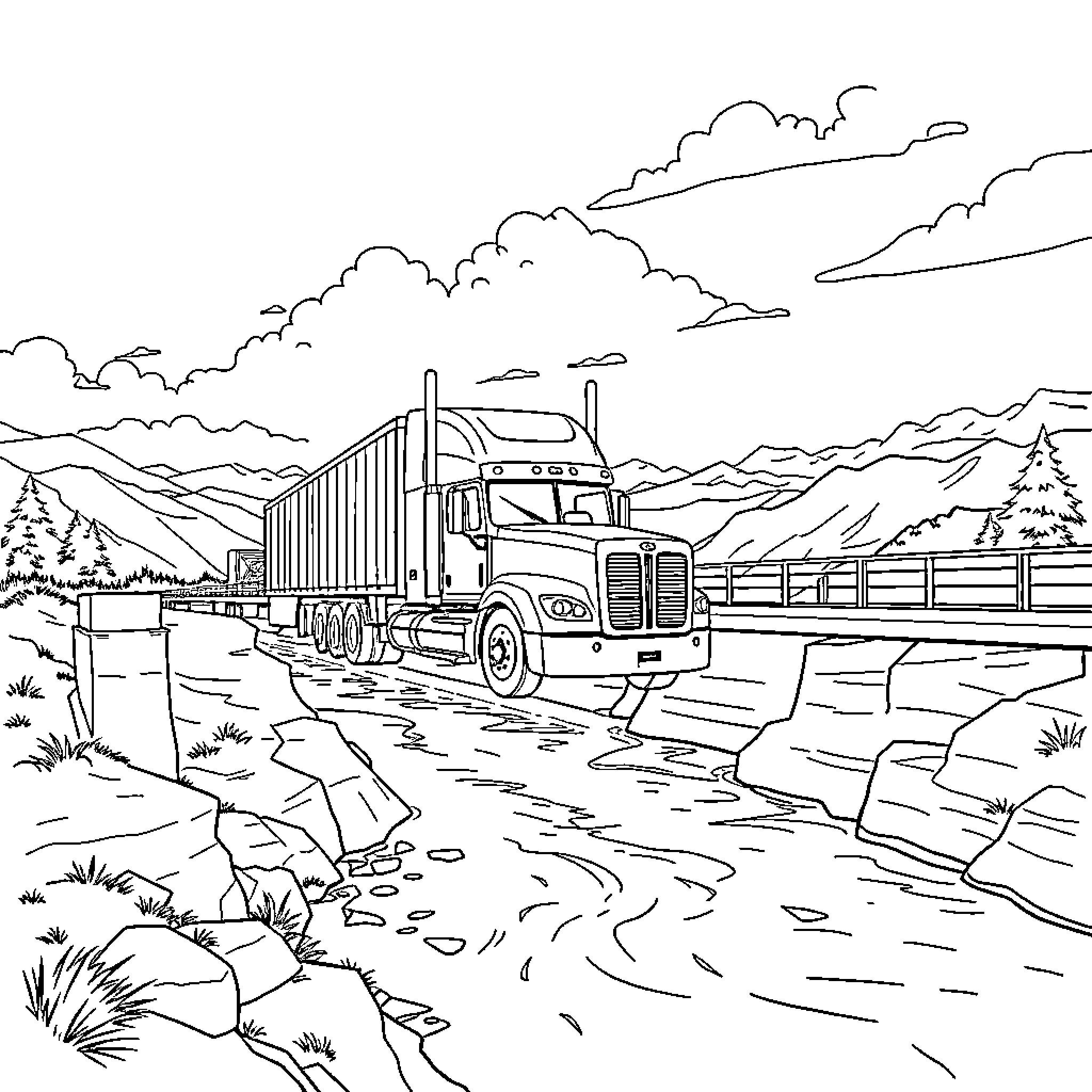 Truck driving through rugged mountain landscape Coloring Page (free black-and-white line drawing printable PDF for all, from beginners to advanced learners, including children, teens, adults, and seniors)