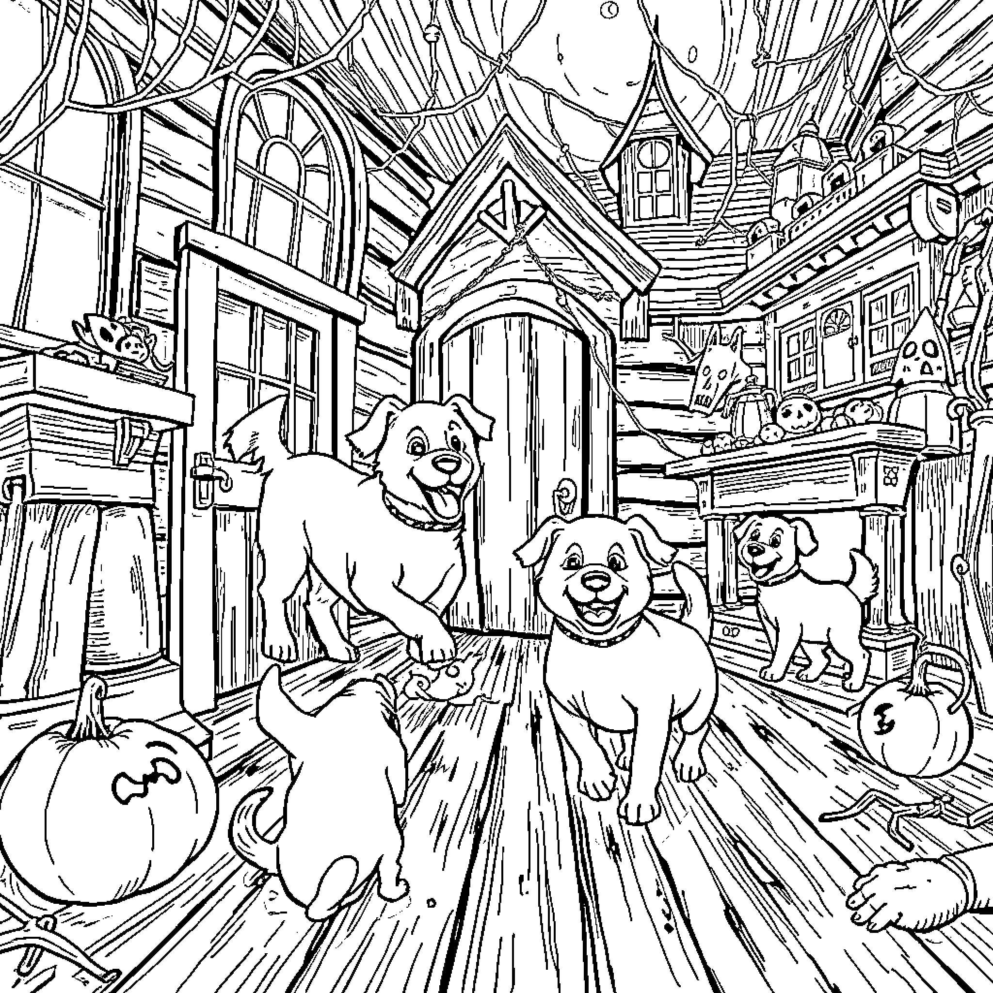 Dog friends playing outside a cozy cottage Coloring Page (free black-and-white line drawing printable PDF for all, from beginners to advanced learners, including children, teens, adults, and seniors)