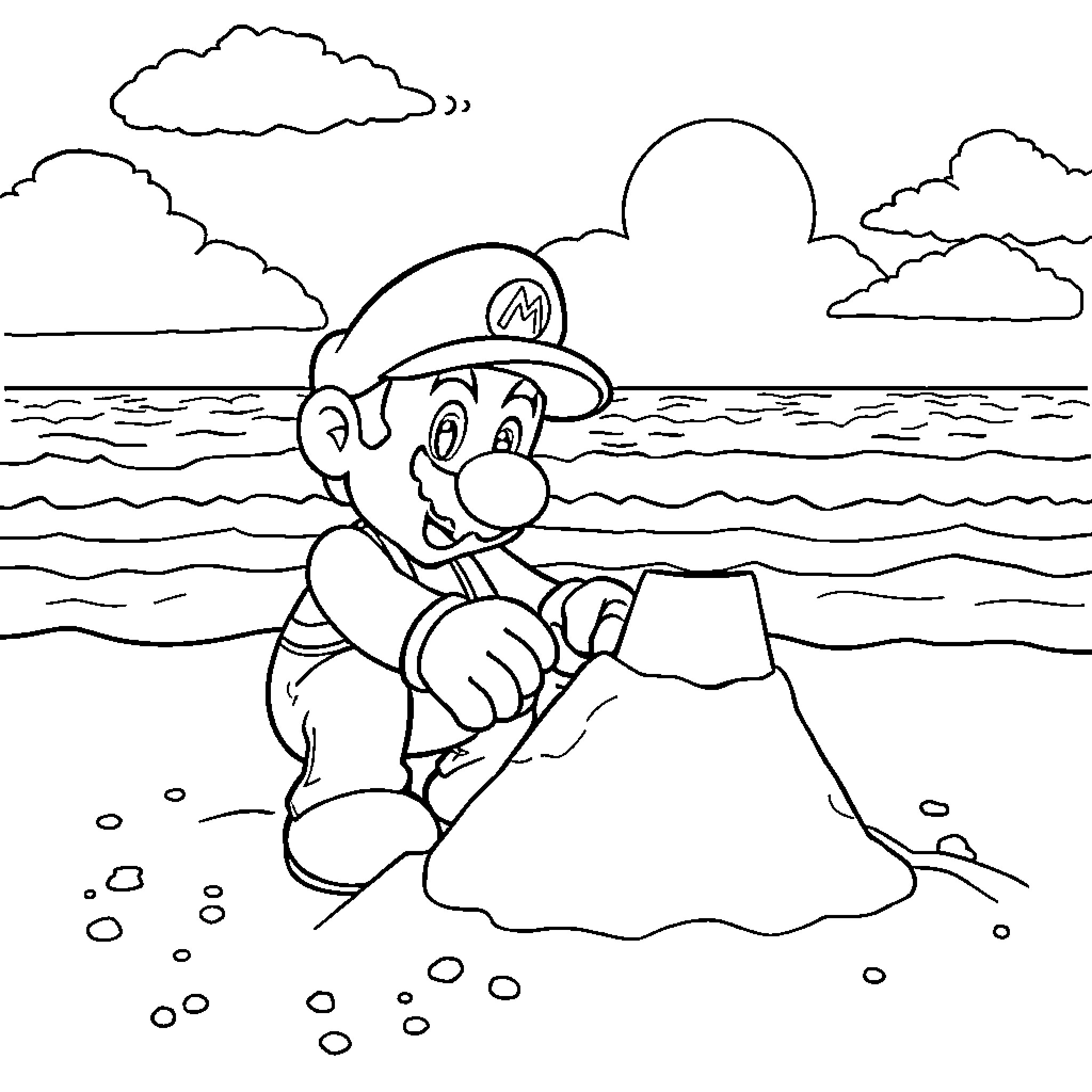 Mario enjoying a day at the beach Coloring Page (free black-and-white line drawing printable PDF for all, from beginners to advanced learners, including children, teens, adults, and seniors)