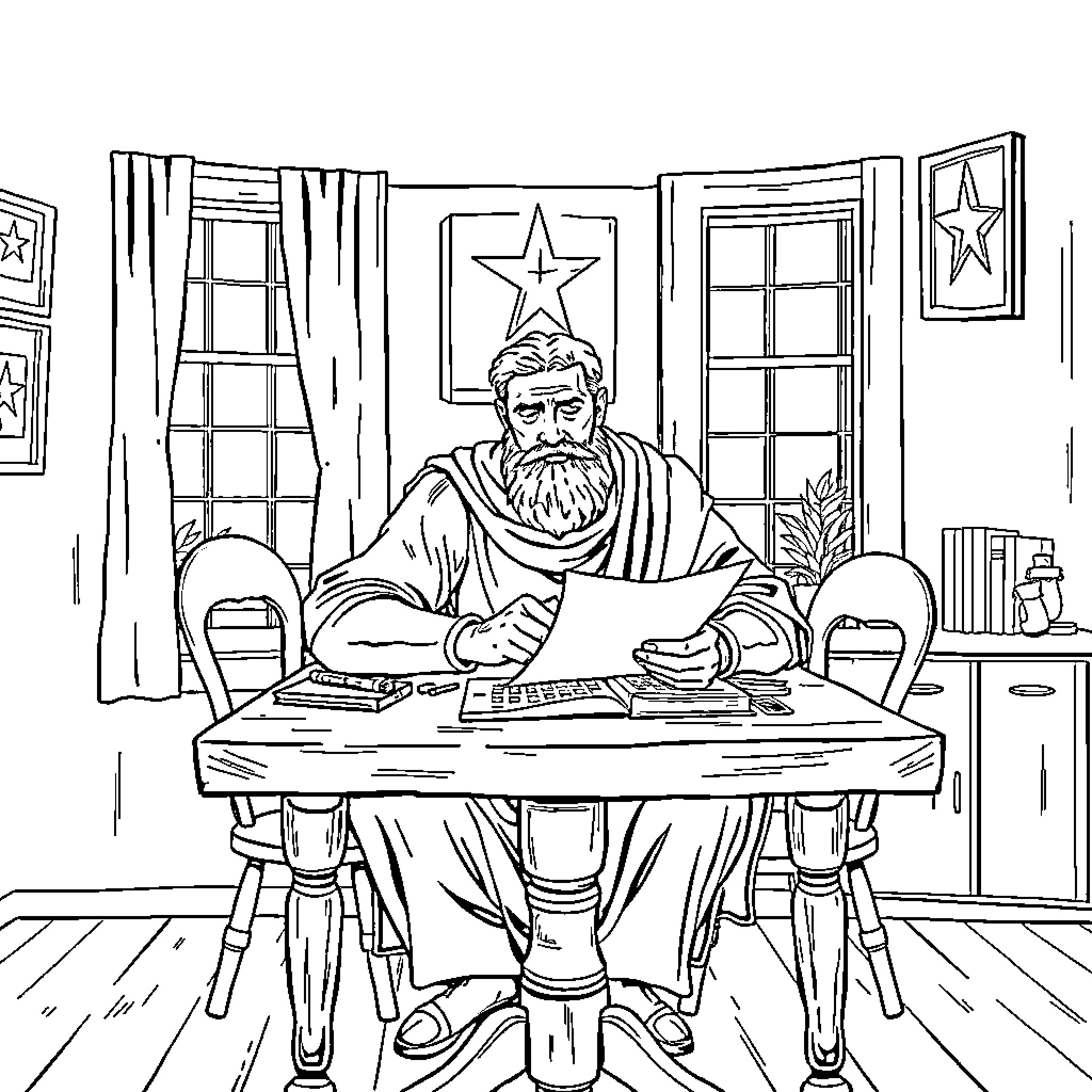Aeschylus Contemplating Literary Pursuits in Scholarly Setting Coloring Page (free black-and-white line drawing printable PDF for all, from beginners to advanced learners, including children, teens, adults, and seniors)