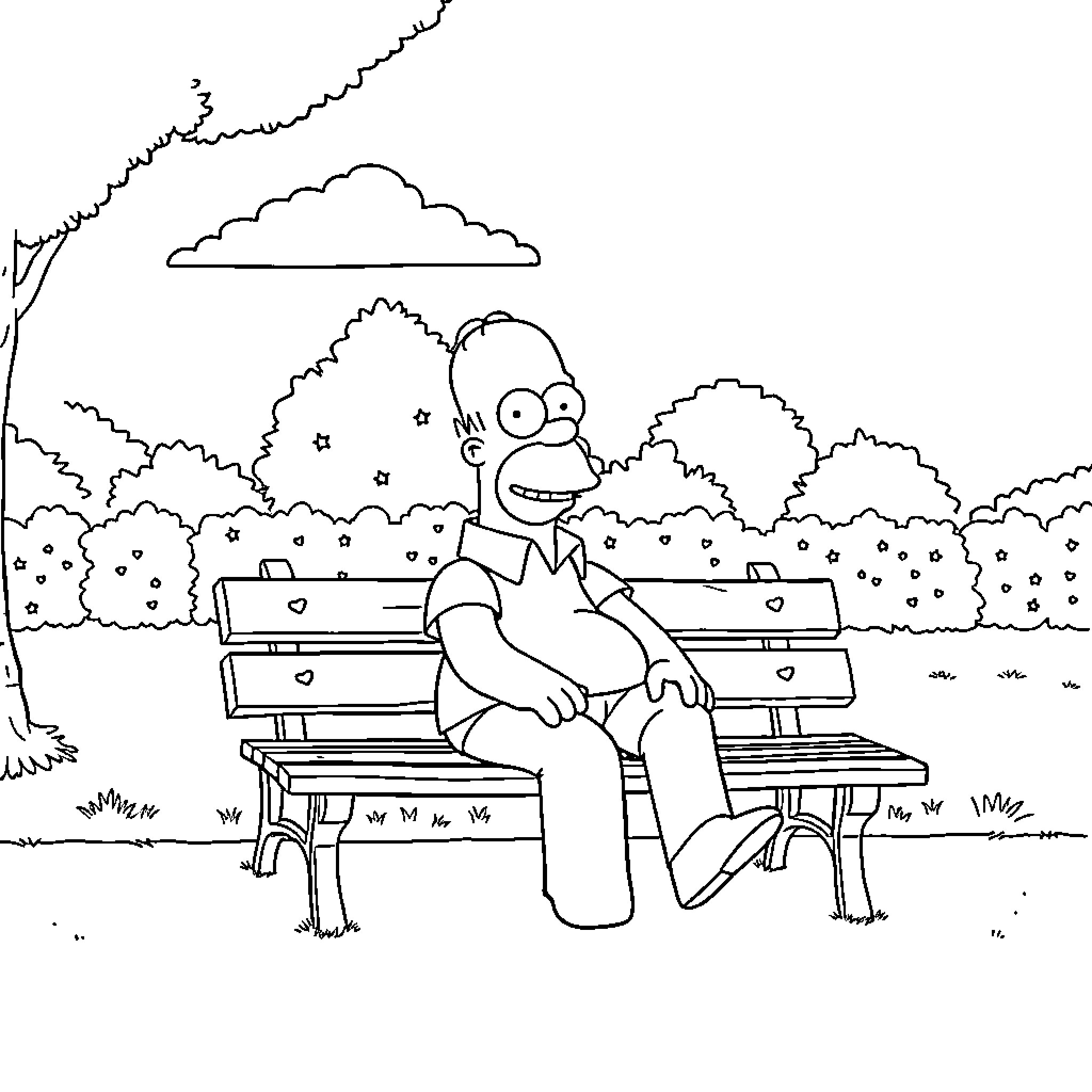 Homer Simpson relaxing on park bench Coloring Page (free black-and-white line drawing printable PDF for all, from beginners to advanced learners, including children, teens, adults, and seniors)
