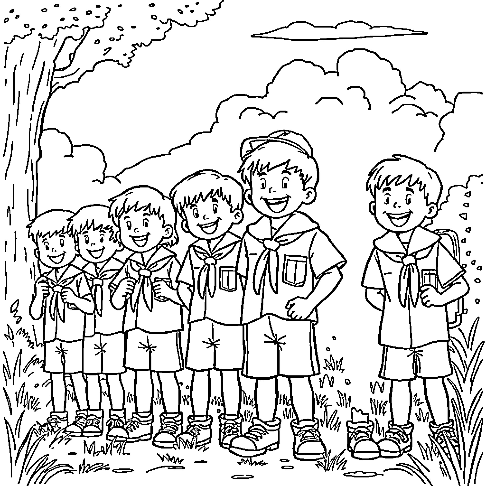 Cub Scout troop exploring the outdoors Coloring Page (free black-and-white line drawing printable PDF for all, from beginners to advanced learners, including children, teens, adults, and seniors)