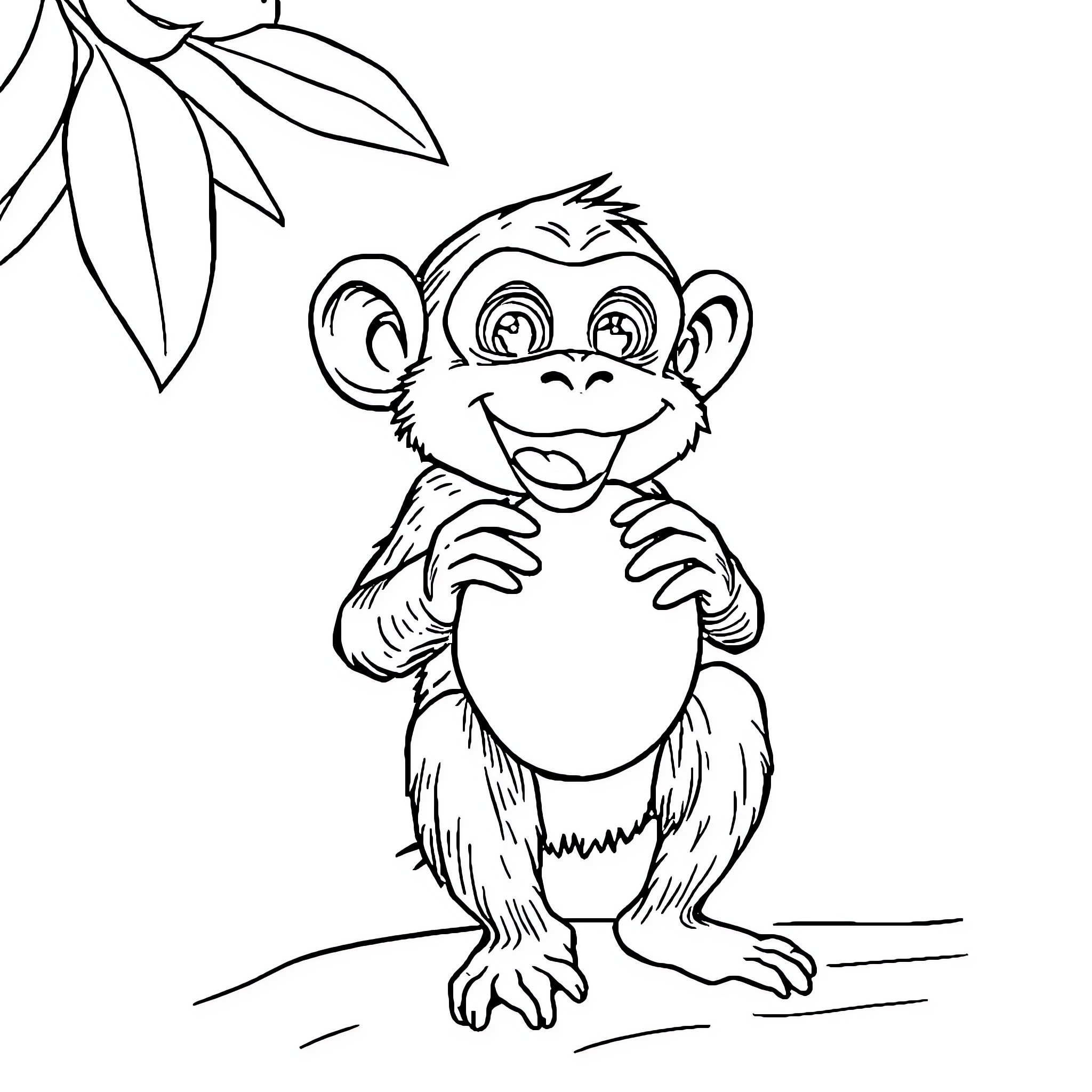 Monkey happily playing in the jungle Coloring Page (free black-and-white line drawing printable PDF for all, from beginners to advanced learners, including children, teens, adults, and seniors)