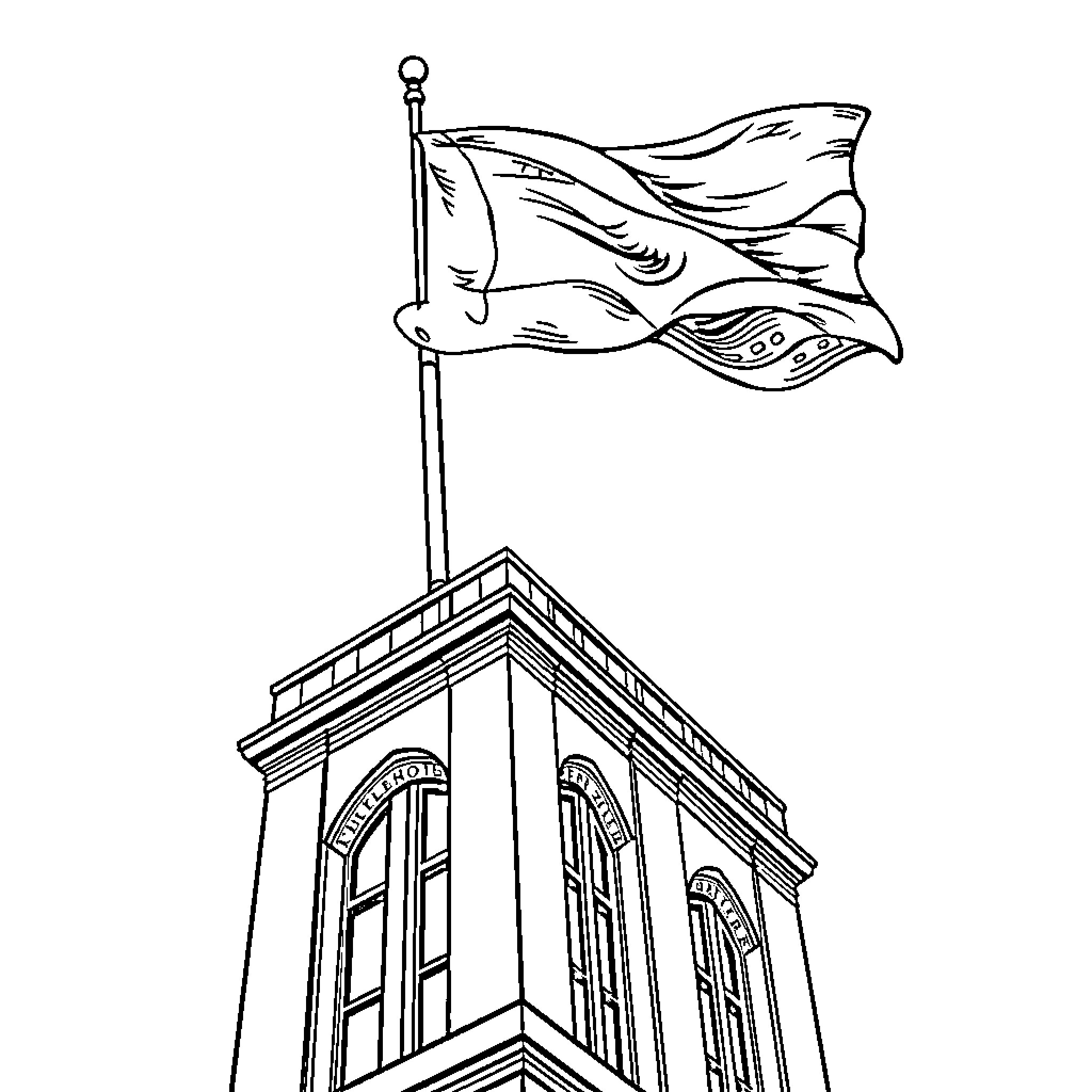 Flag waving atop historic building Coloring Page (free black-and-white line drawing printable PDF for all, from beginners to advanced learners, including children, teens, adults, and seniors)