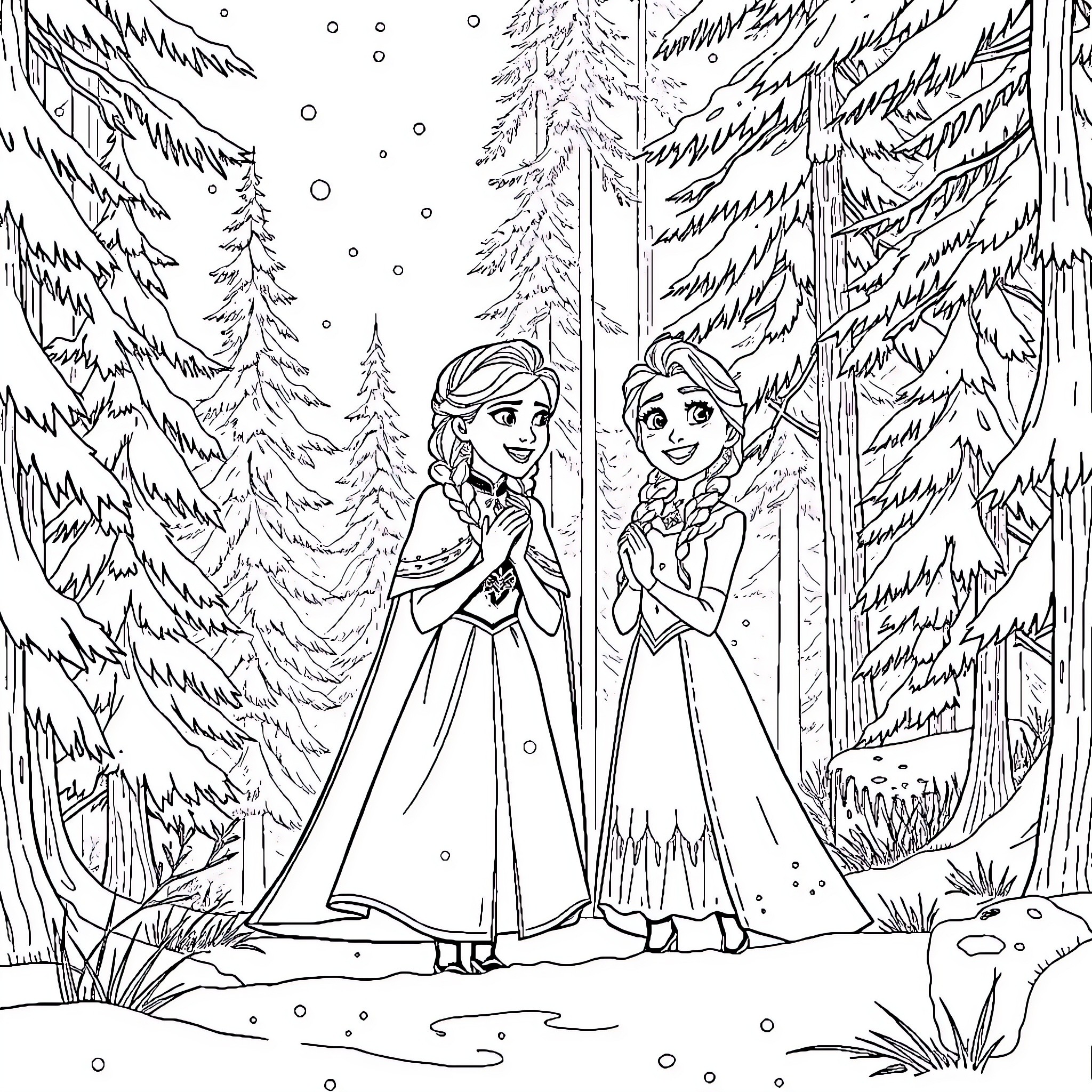 Elsa and Anna in a Winter Wonderland Coloring Page (free black-and-white line drawing printable PDF for all, from beginners to advanced learners, including children, teens, adults, and seniors)