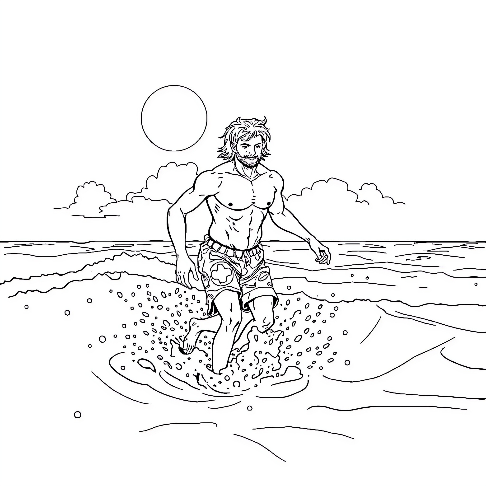 Omnath Enjoying the Waves and Sunlight Coloring Page (free black-and-white line drawing printable PDF for all, from beginners to advanced learners, including children, teens, adults, and seniors)