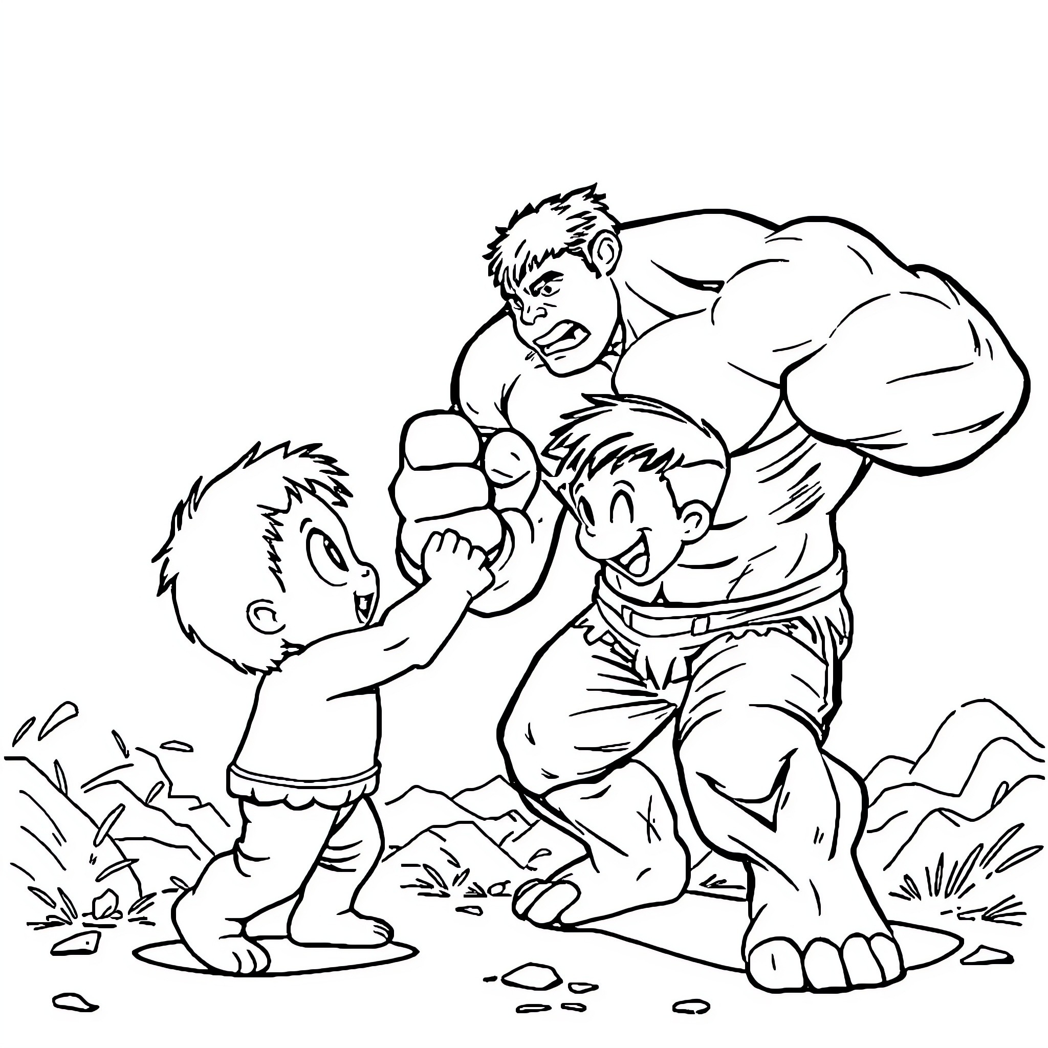 Hulk Roughhousing with Young Companion Coloring Page (free black-and-white line drawing printable PDF for all, from beginners to advanced learners, including children, teens, adults, and seniors)