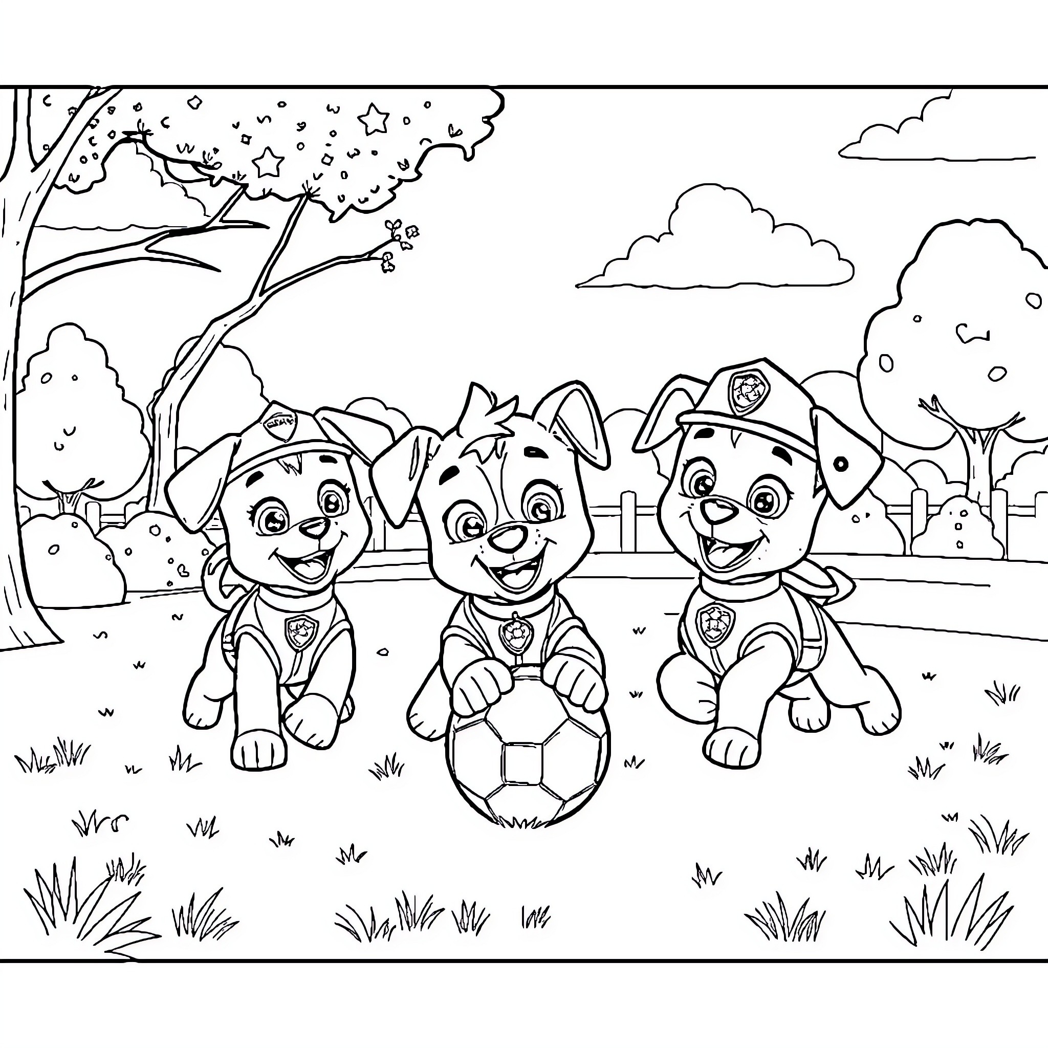 Paw Patrol pups playing in the park Coloring Page (free black-and-white line drawing printable PDF for all, from beginners to advanced learners, including children, teens, adults, and seniors)