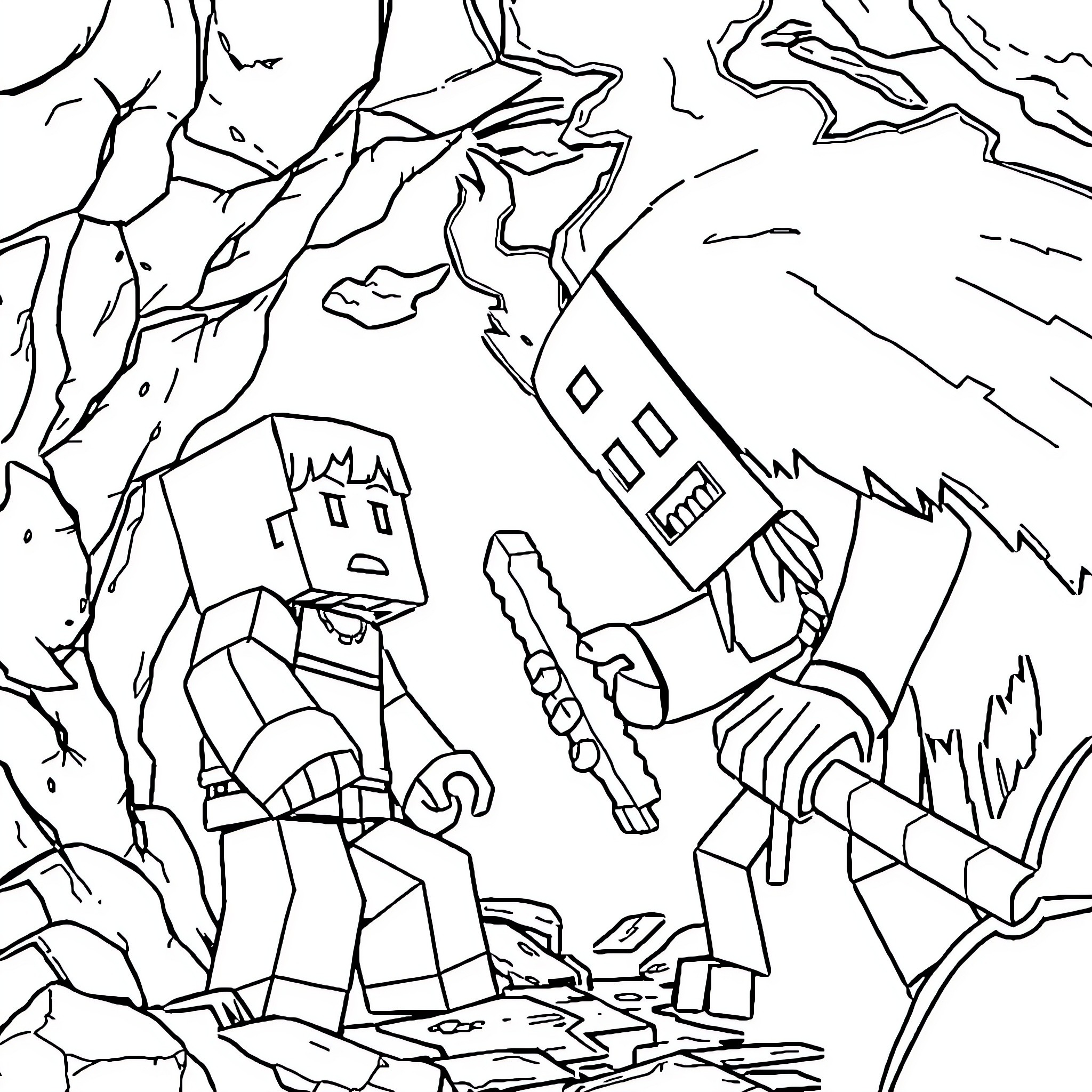 Minecraft Characters Exploring Dangerous Cave Coloring Page (free black-and-white line drawing printable PDF for all, from beginners to advanced learners, including children, teens, adults, and seniors)