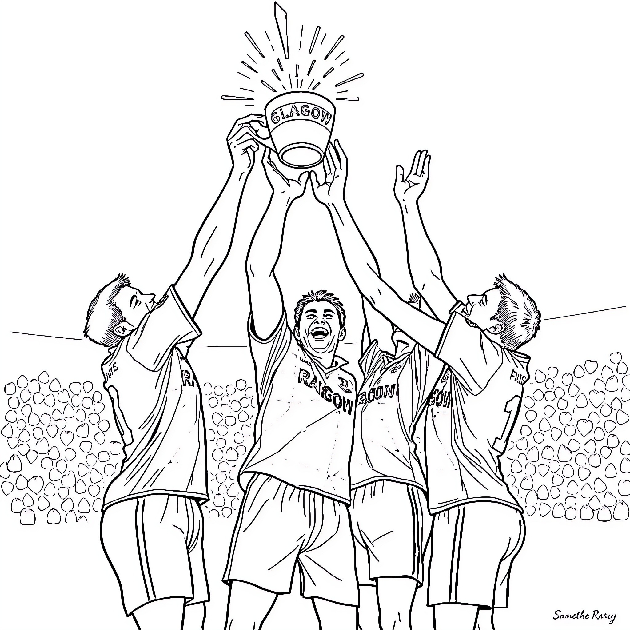 Rangers celebrating victory with trophy in hand Coloring Page (free black-and-white line drawing printable PDF for all, from beginners to advanced learners, including children, teens, adults, and seniors)