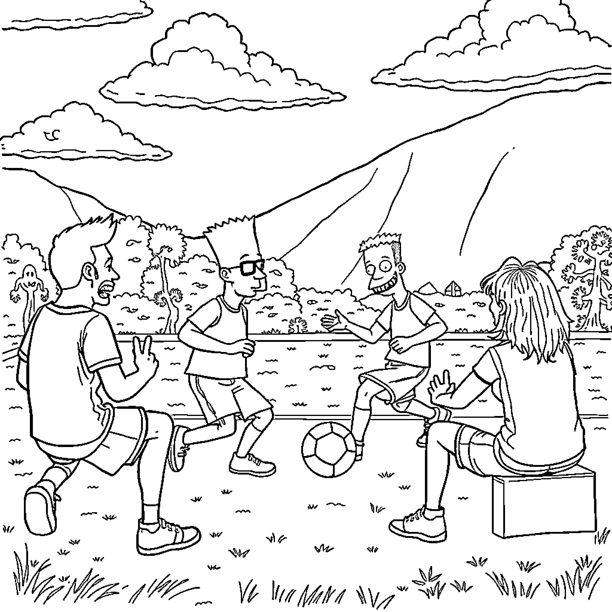 Bart and friends playing in the park Coloring Page (free black-and-white line drawing printable PDF for all, from beginners to advanced learners, including children, teens, adults, and seniors)
