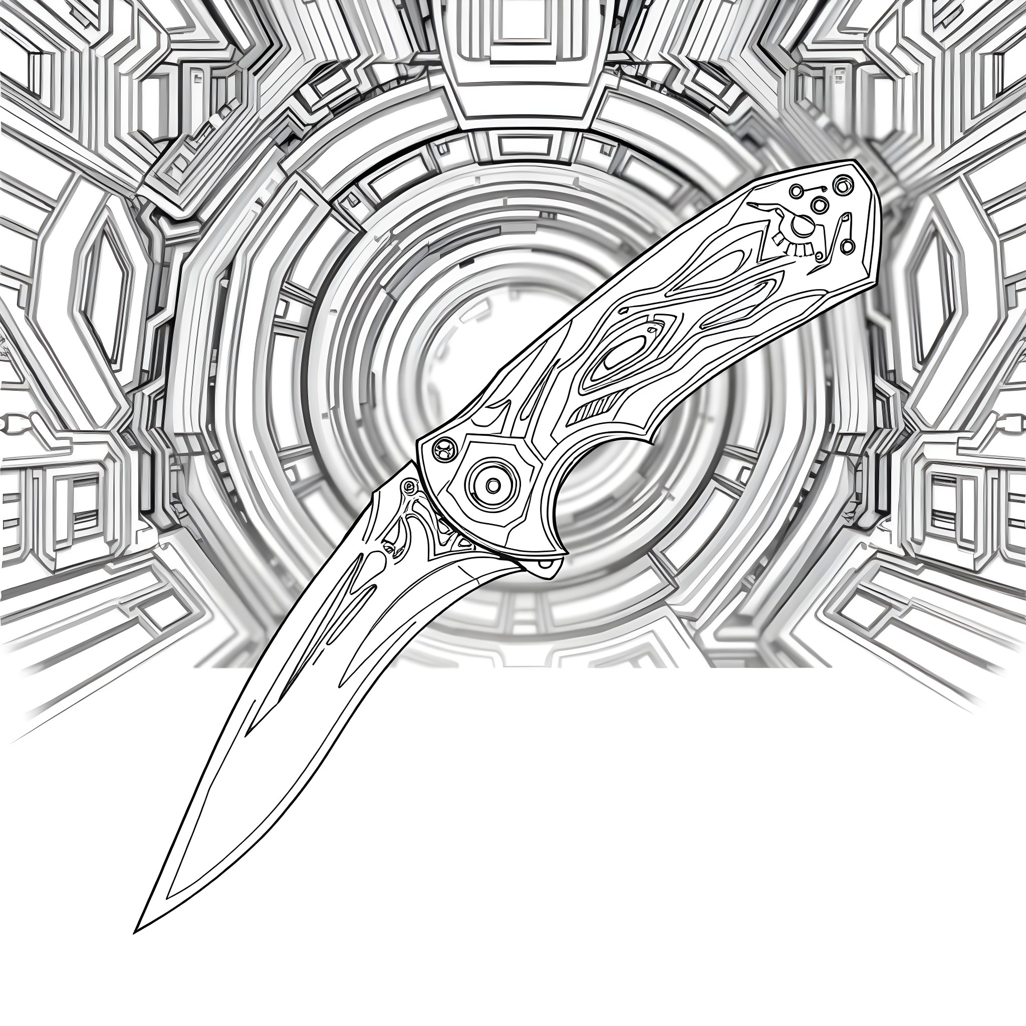 Karambit Knife in Futuristic Backdrop Coloring Page (free black-and-white line drawing printable PDF for all, from beginners to advanced learners, including children, teens, adults, and seniors)