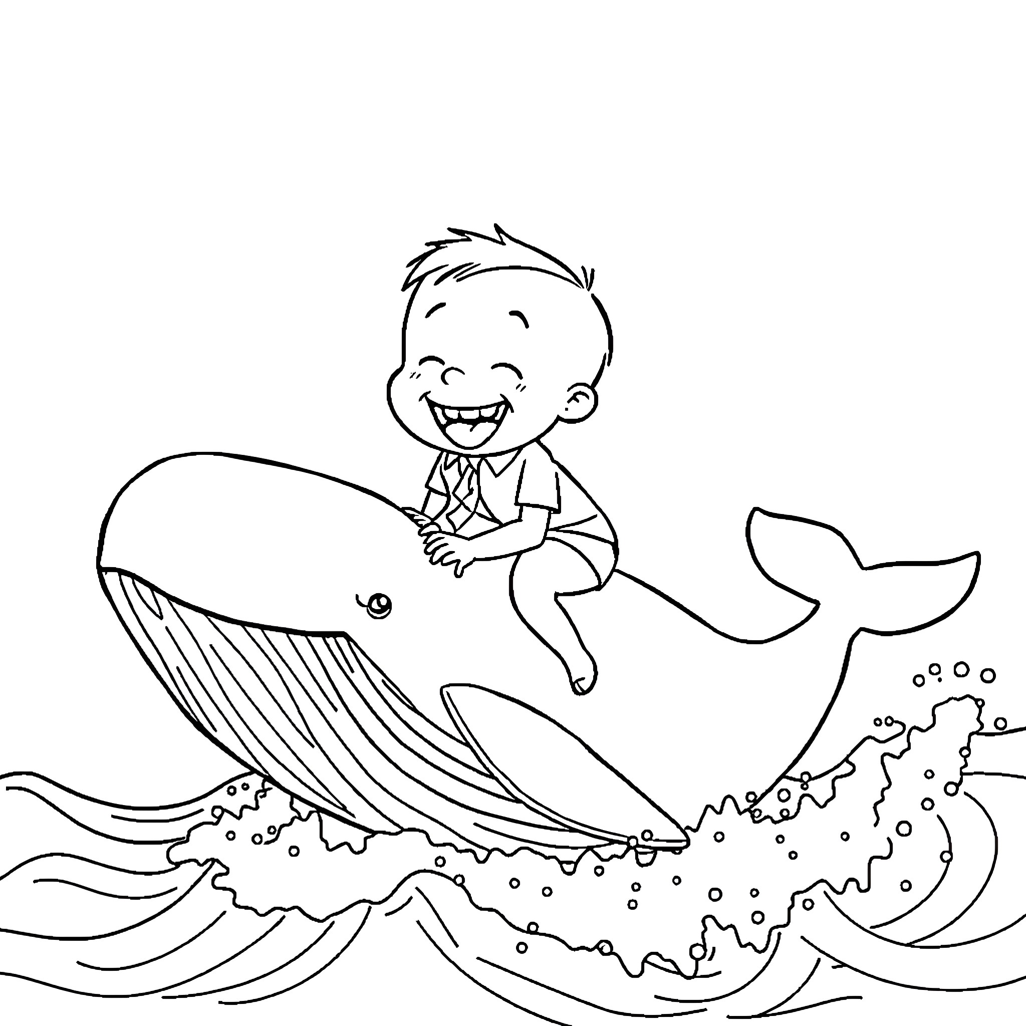 Boy riding a friendly whale in the ocean Coloring Page (free black-and-white line drawing printable PDF for all, from beginners to advanced learners, including children, teens, adults, and seniors)