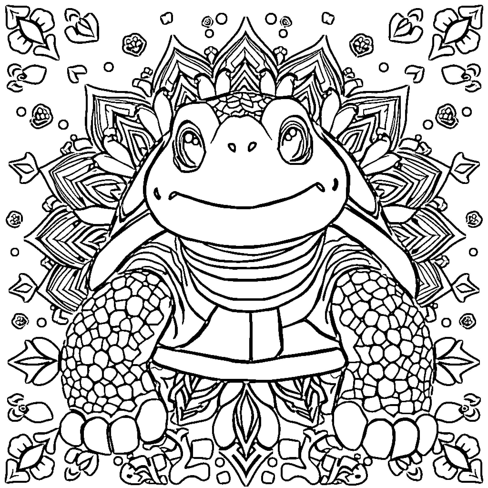 Turtle surrounded by nature elements Coloring Page (free black-and-white line drawing printable PDF for all, from beginners to advanced learners, including children, teens, adults, and seniors)