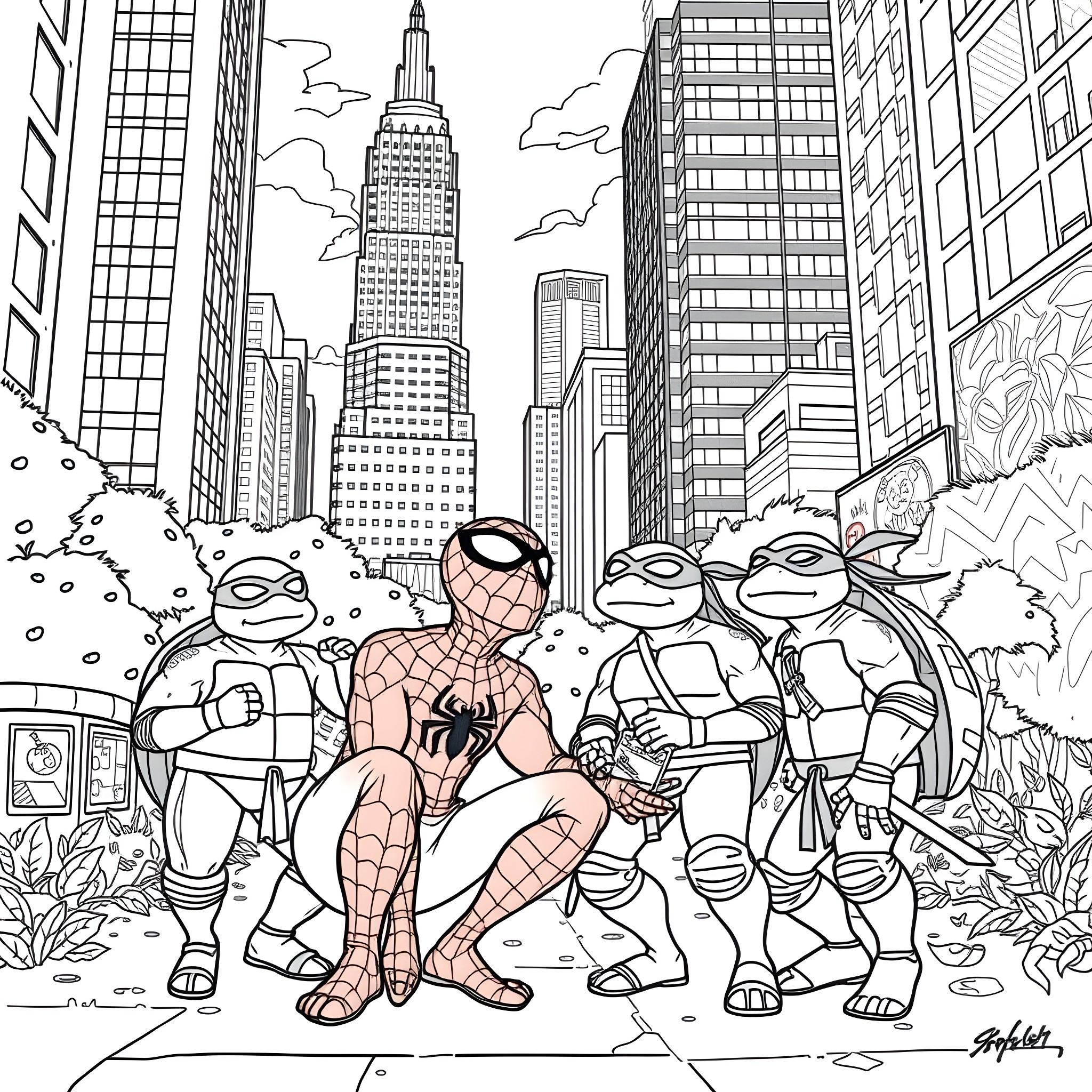 Spider-themed superheroes in action in the city Coloring Page (free black-and-white line drawing printable PDF for all, from beginners to advanced learners, including children, teens, adults, and seniors)