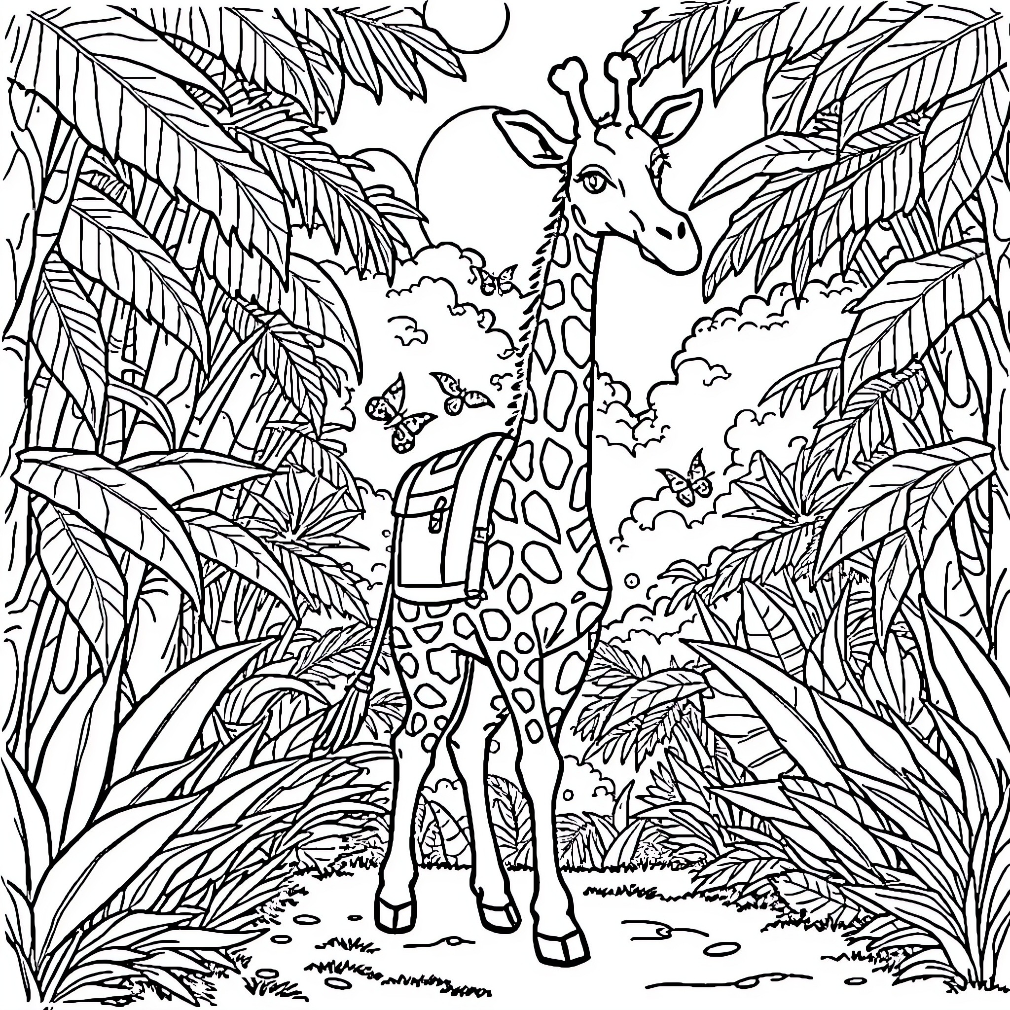 Giraffe exploring lush tropical landscape Coloring Page (free black-and-white line drawing printable PDF for all, from beginners to advanced learners, including children, teens, adults, and seniors)