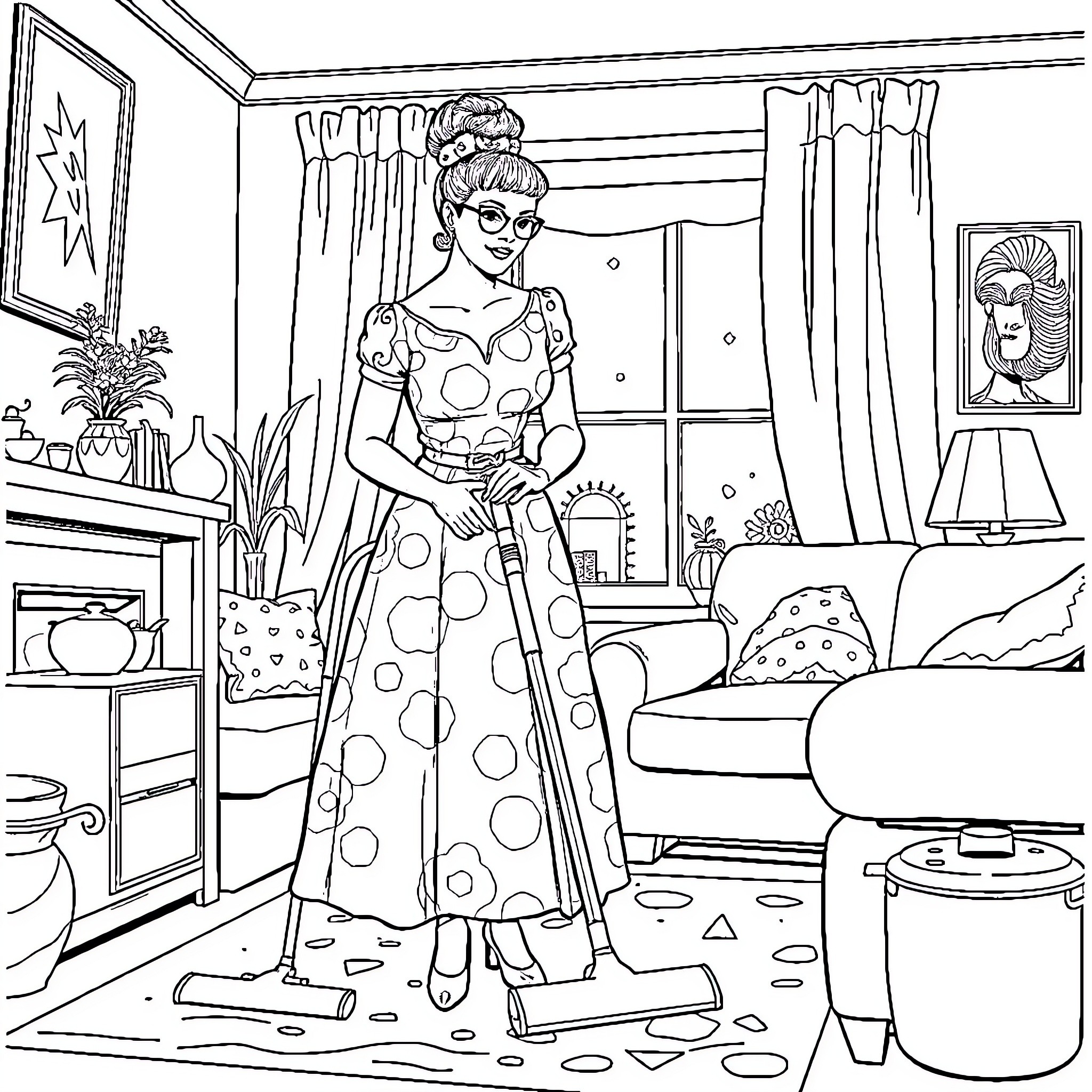 Lady in a Stylish Polka Dot Dress Coloring Page (free black-and-white line drawing printable PDF for all, from beginners to advanced learners, including children, teens, adults, and seniors)