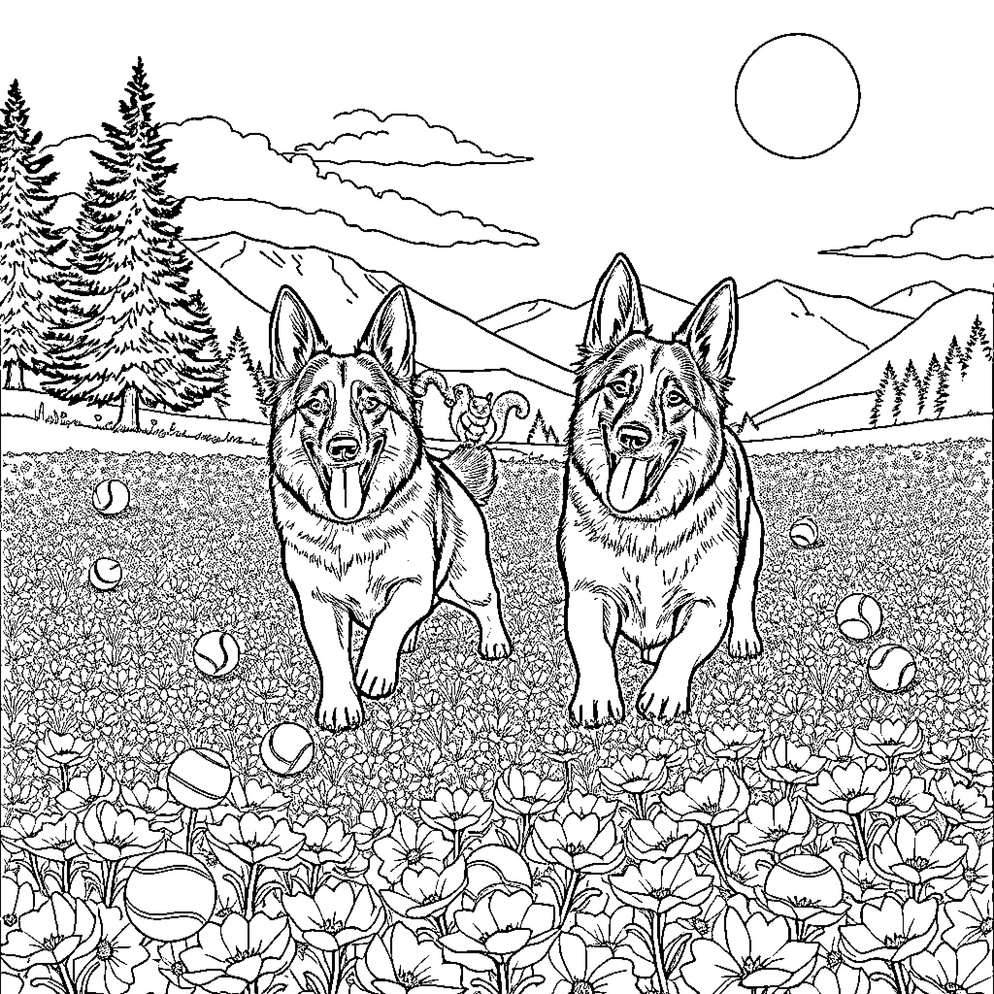 German Shepherds playing in a meadow with mountains Coloring Page (free black-and-white line drawing printable PDF for all, from beginners to advanced learners, including children, teens, adults, and seniors)