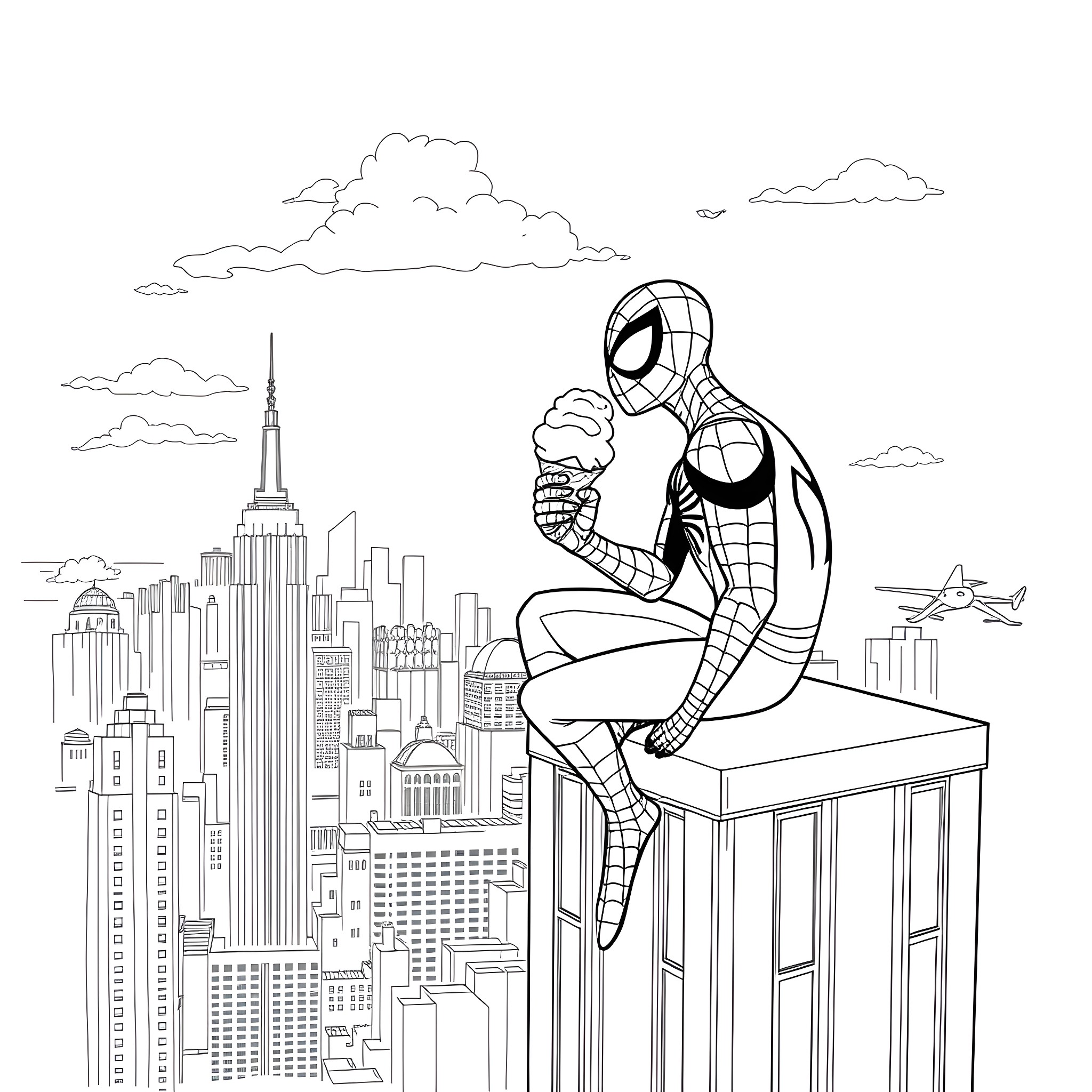 Spiderman overlooking the city skyline Coloring Page (free black-and-white line drawing printable PDF for all, from beginners to advanced learners, including children, teens, adults, and seniors)