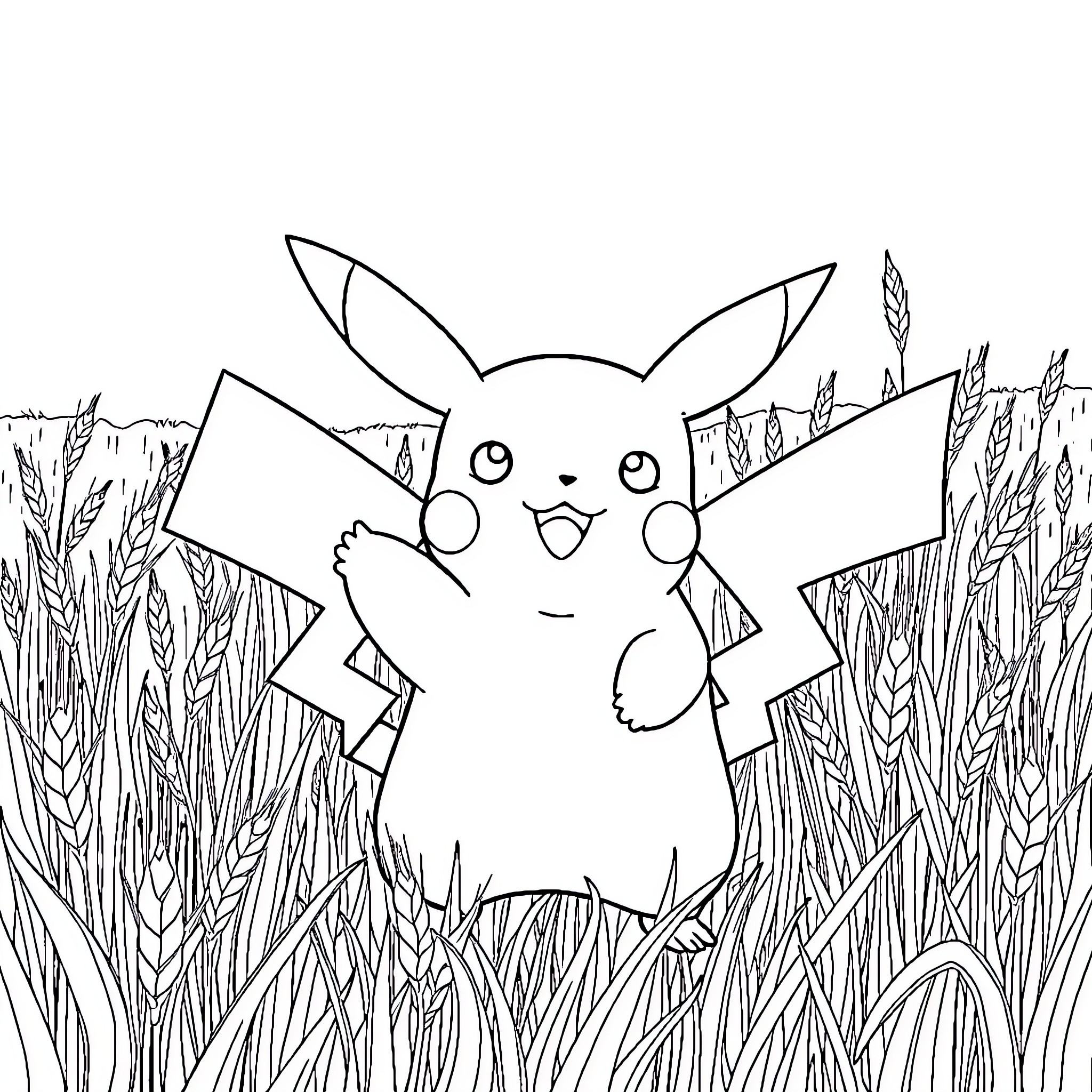 Pikachu waving happily in a grassy field Coloring Page (free black-and-white line drawing printable PDF for all, from beginners to advanced learners, including children, teens, adults, and seniors)