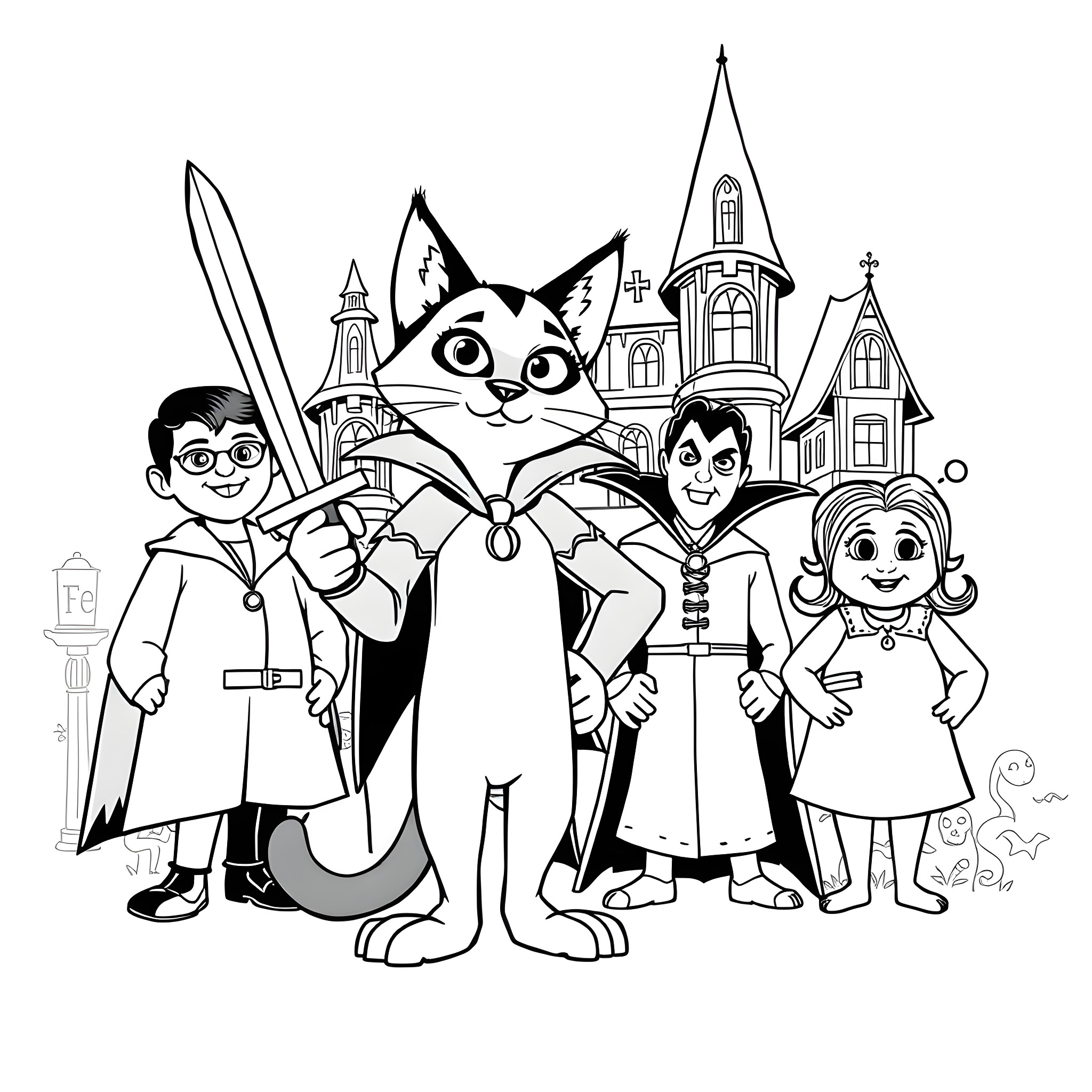 Puss in Boots with Shrek and Friends in the Village Coloring Page (free black-and-white line drawing printable PDF for all, from beginners to advanced learners, including children, teens, adults, and seniors)