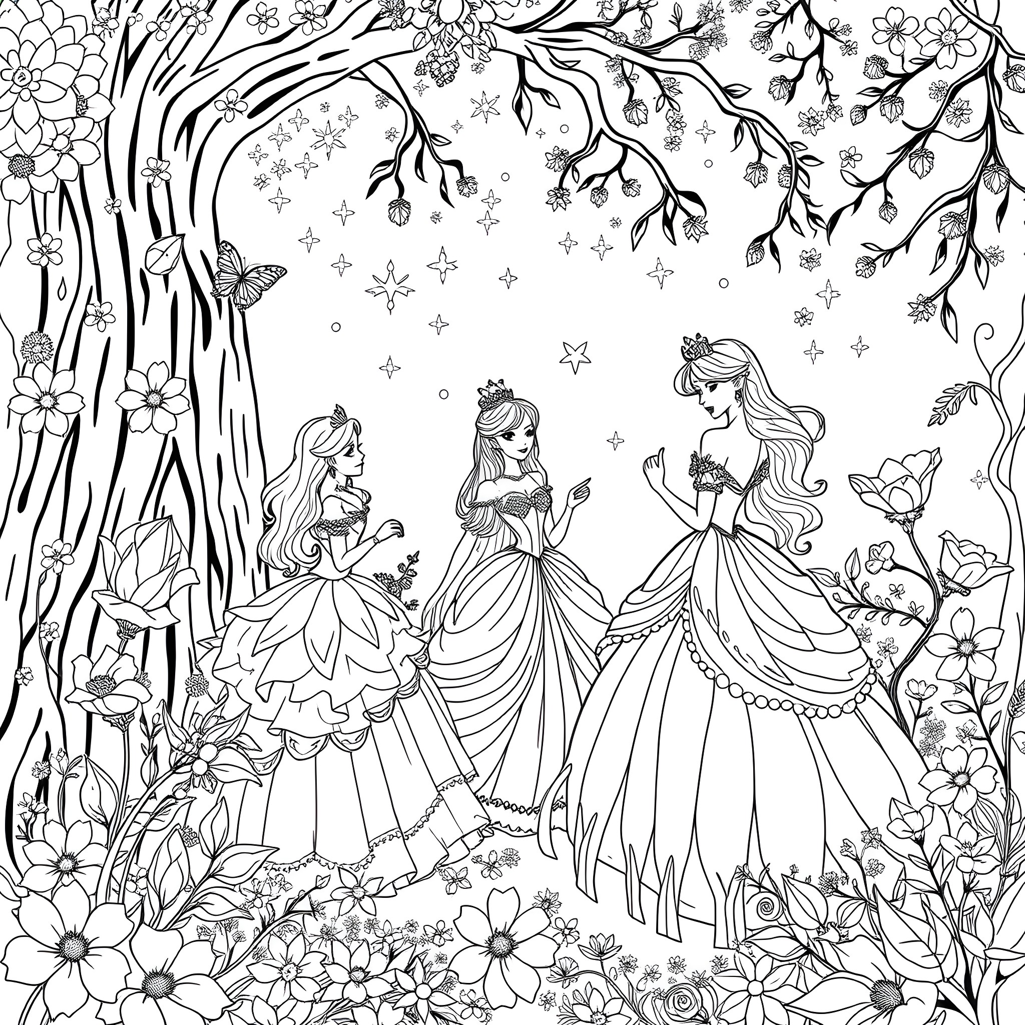 Princess in a Magical Forest Landscape Coloring Page (free black-and-white line drawing printable PDF for all, from beginners to advanced learners, including children, teens, adults, and seniors)