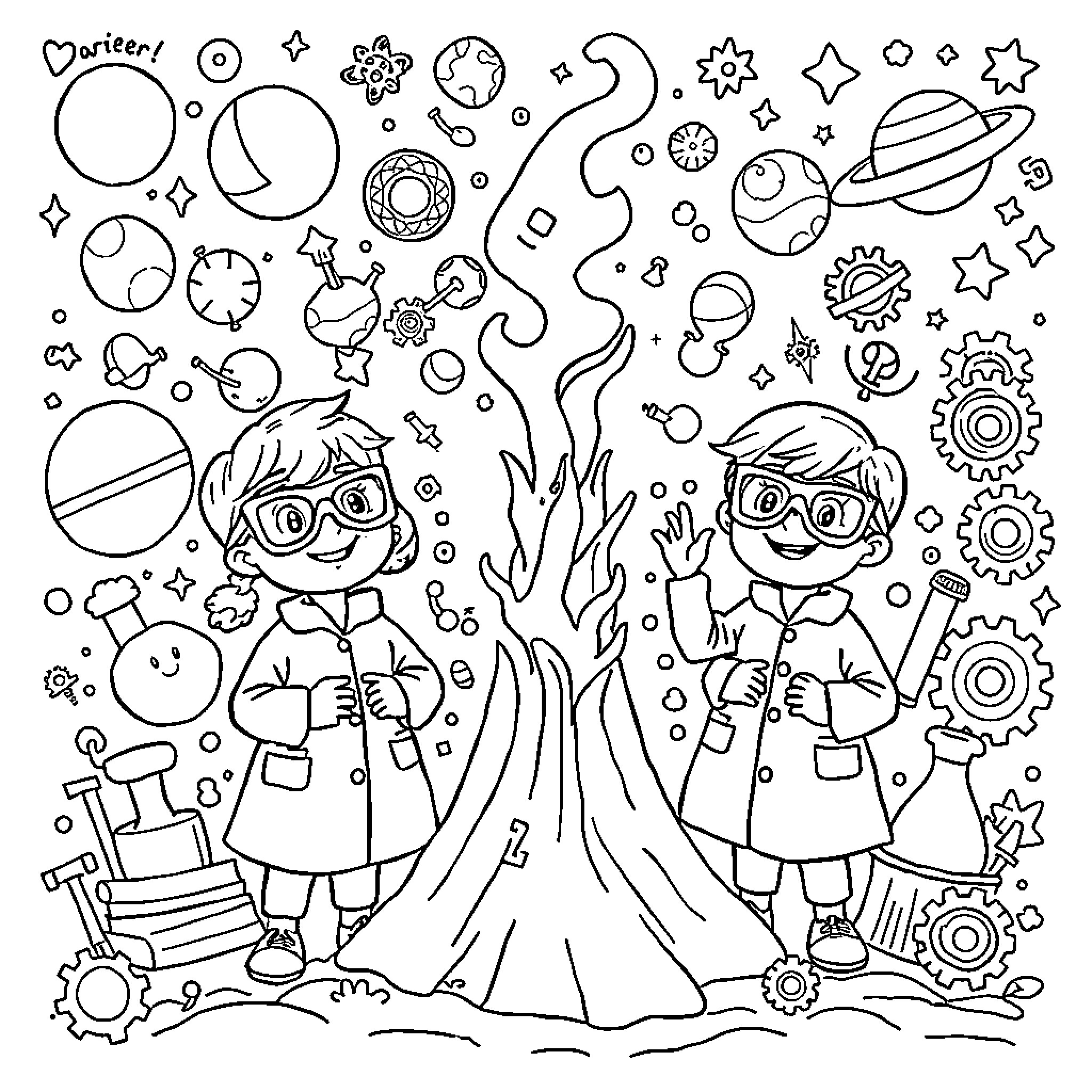 Science Explorers Discovering Wonders in the Universe Coloring Page (free black-and-white line drawing printable PDF for all, from beginners to advanced learners, including children, teens, adults, and seniors)