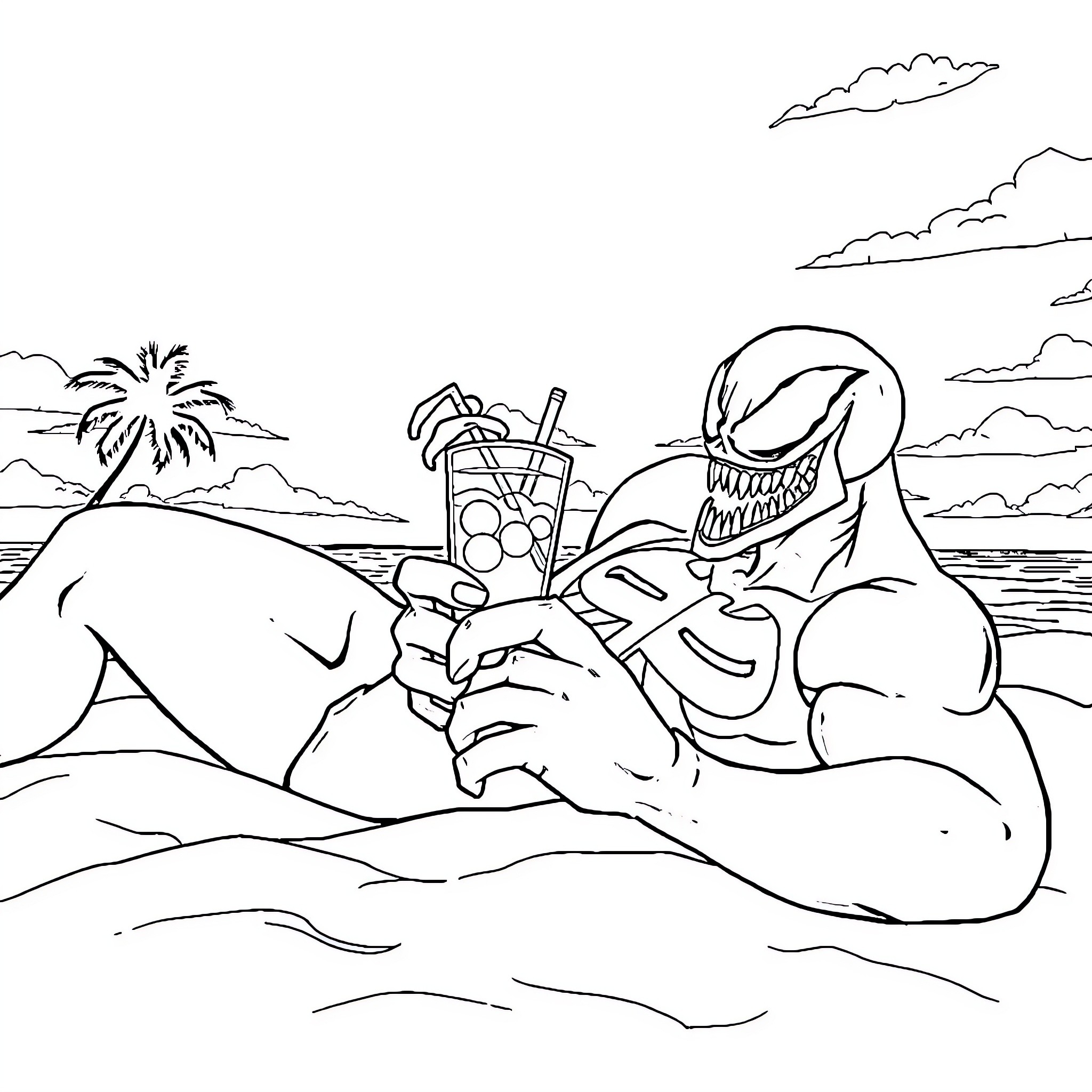 Venom enjoying a tropical beach vacation Coloring Page (free black-and-white line drawing printable PDF for all, from beginners to advanced learners, including children, teens, adults, and seniors)