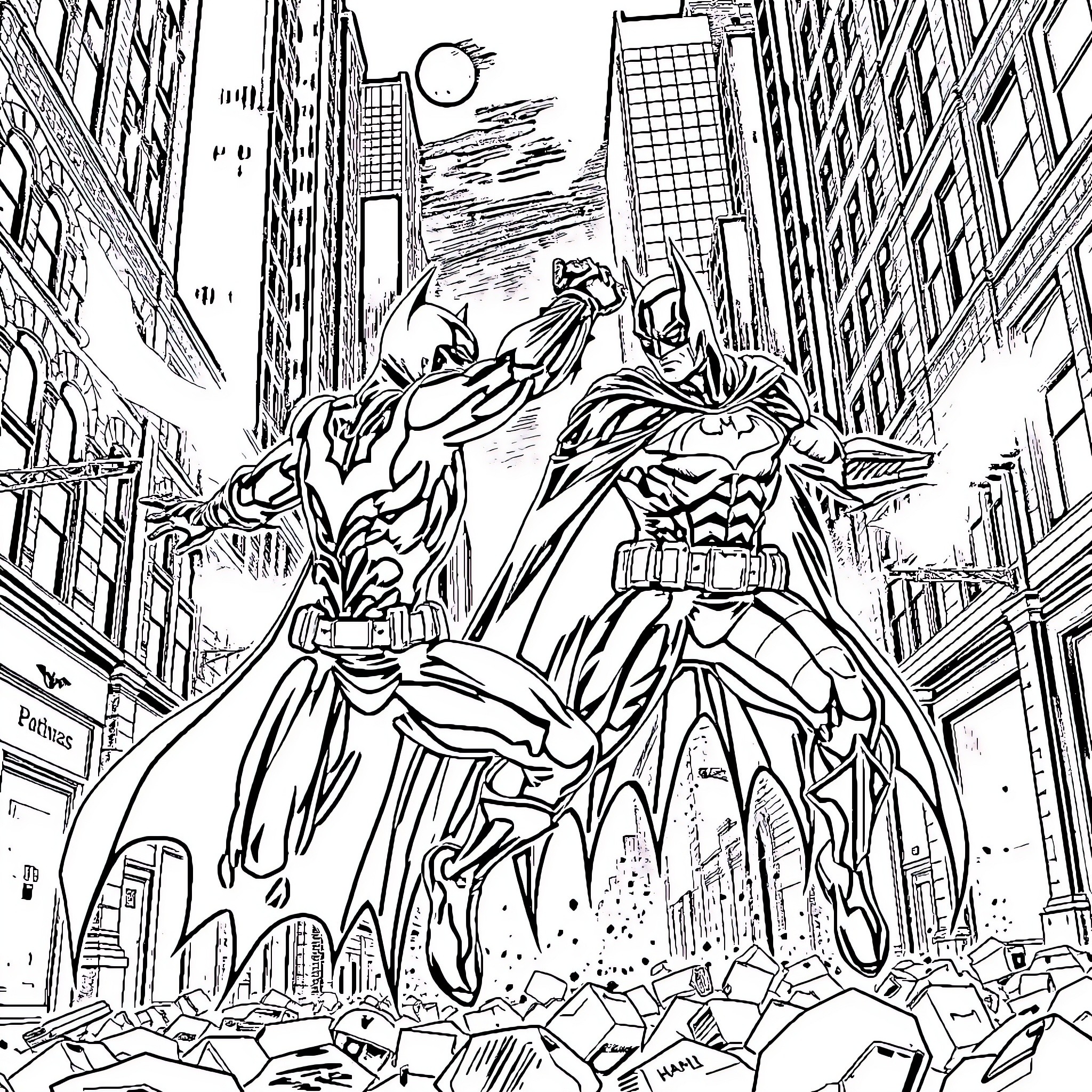 Nightwing leads the way through a bustling city Coloring Page (free black-and-white line drawing printable PDF for all, from beginners to advanced learners, including children, teens, adults, and seniors)