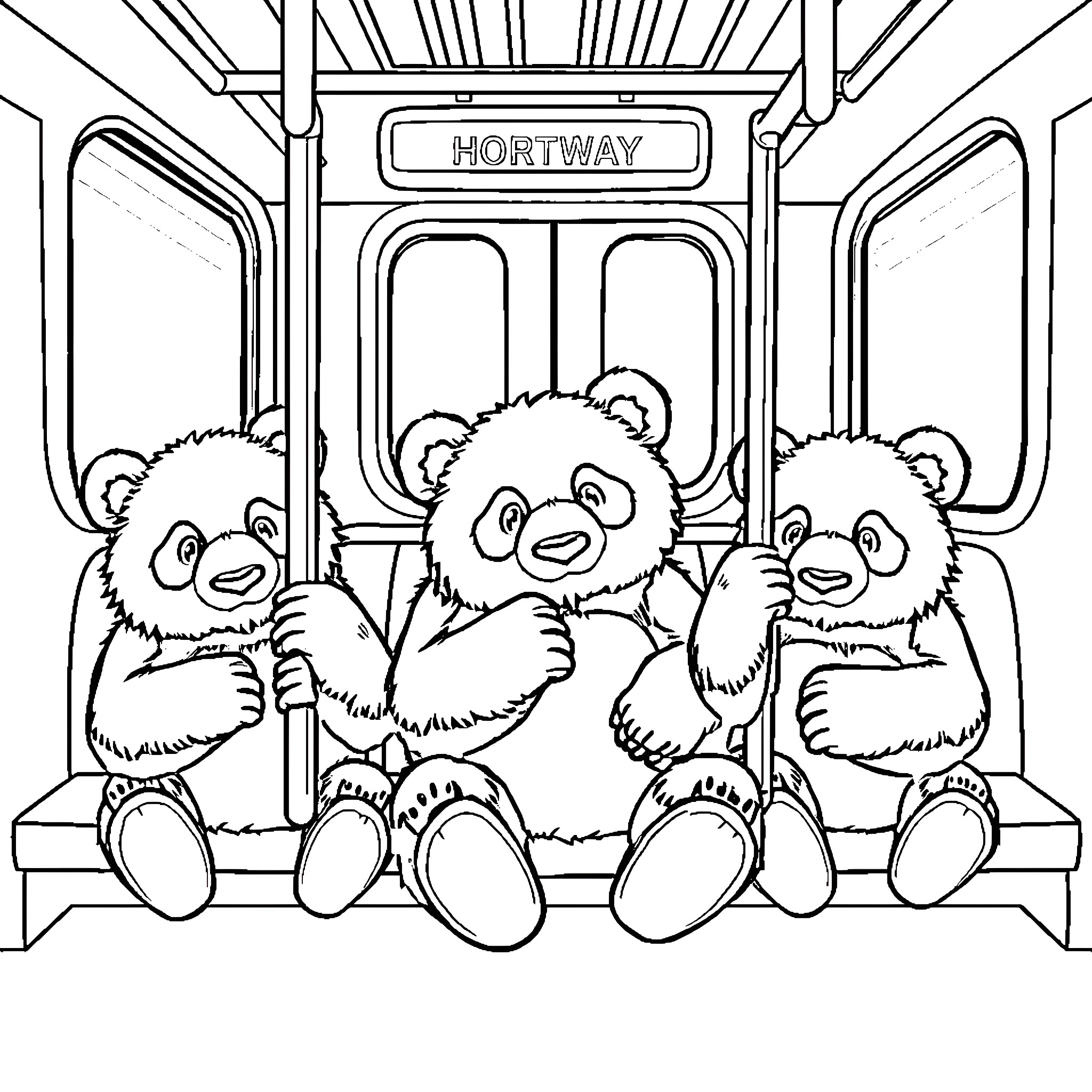 Panda friends riding the Hortway train Coloring Page (free black-and-white line drawing printable PDF for all, from beginners to advanced learners, including children, teens, adults, and seniors)