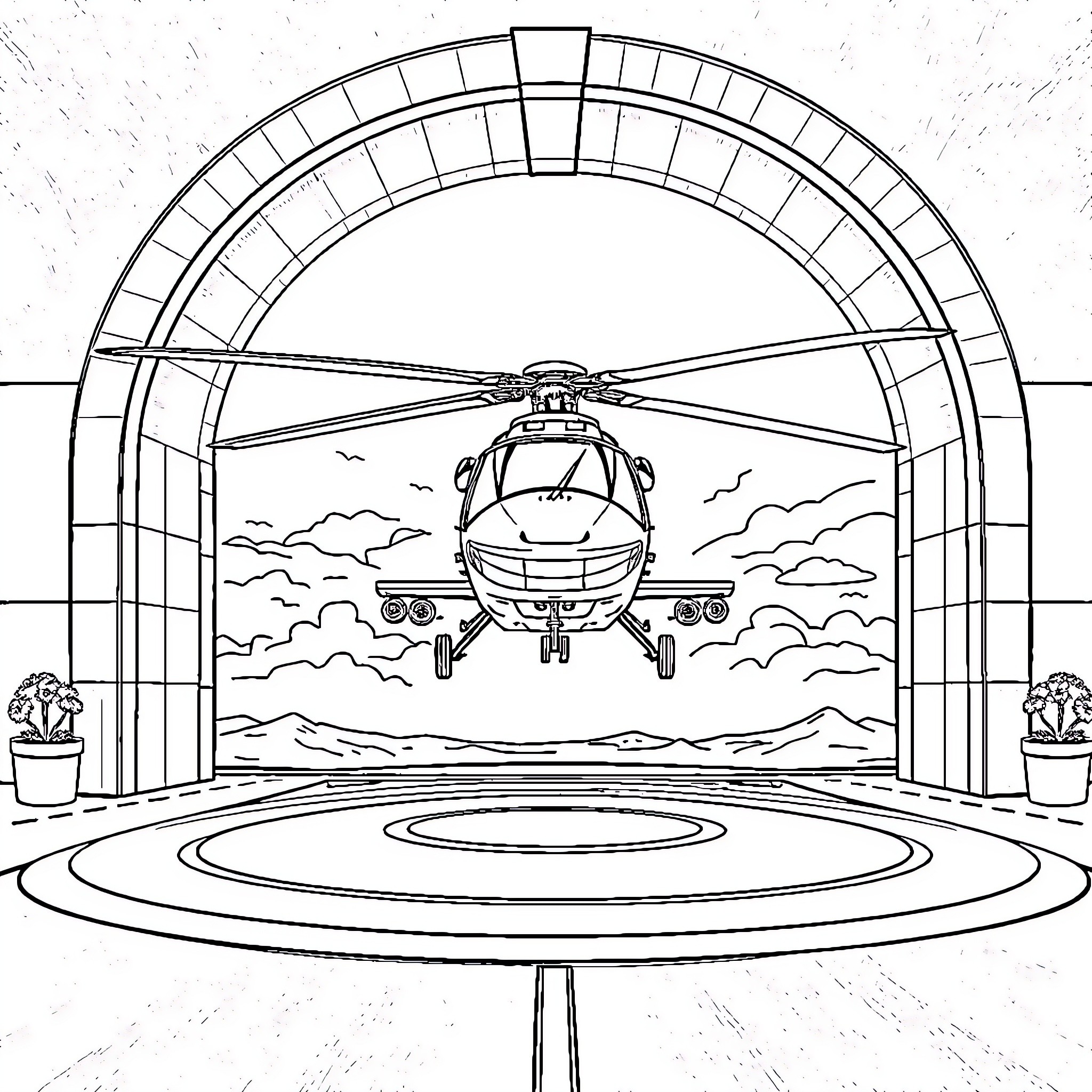 Bk-117 Helicopter Landing Pad with Scenic Background Coloring Page (free black-and-white line drawing printable PDF for all, from beginners to advanced learners, including children, teens, adults, and seniors)
