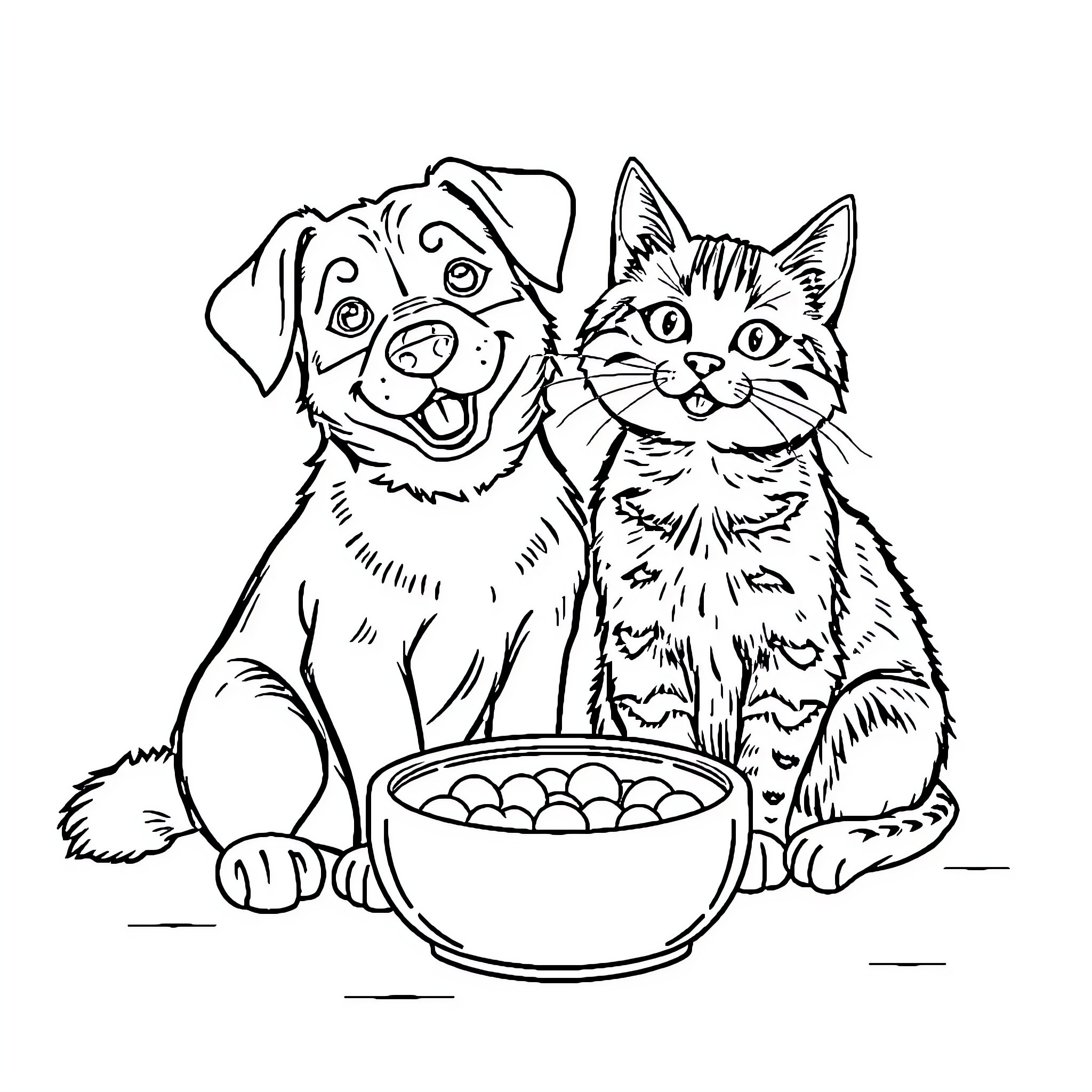 Dog and Cat Sharing Treats Happily Coloring Page (free black-and-white line drawing printable PDF for all, from beginners to advanced learners, including children, teens, adults, and seniors)