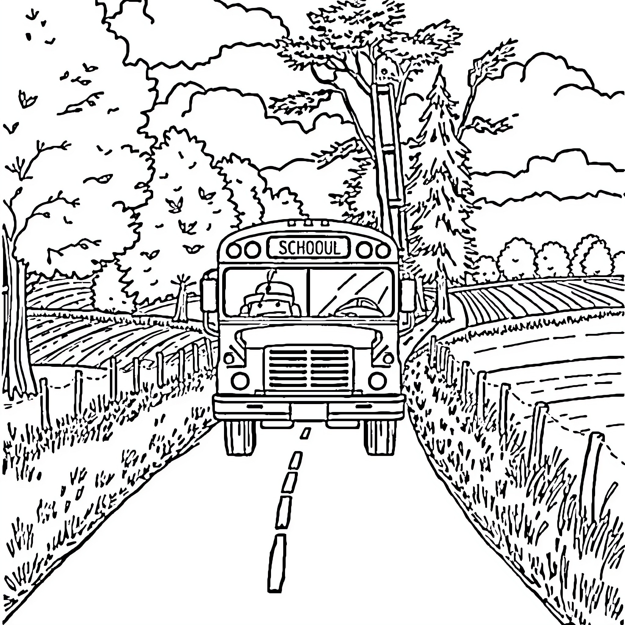 School Bus Traveling Down a Winding Country Road Coloring Page (free black-and-white line drawing printable PDF for all, from beginners to advanced learners, including children, teens, adults, and seniors)
