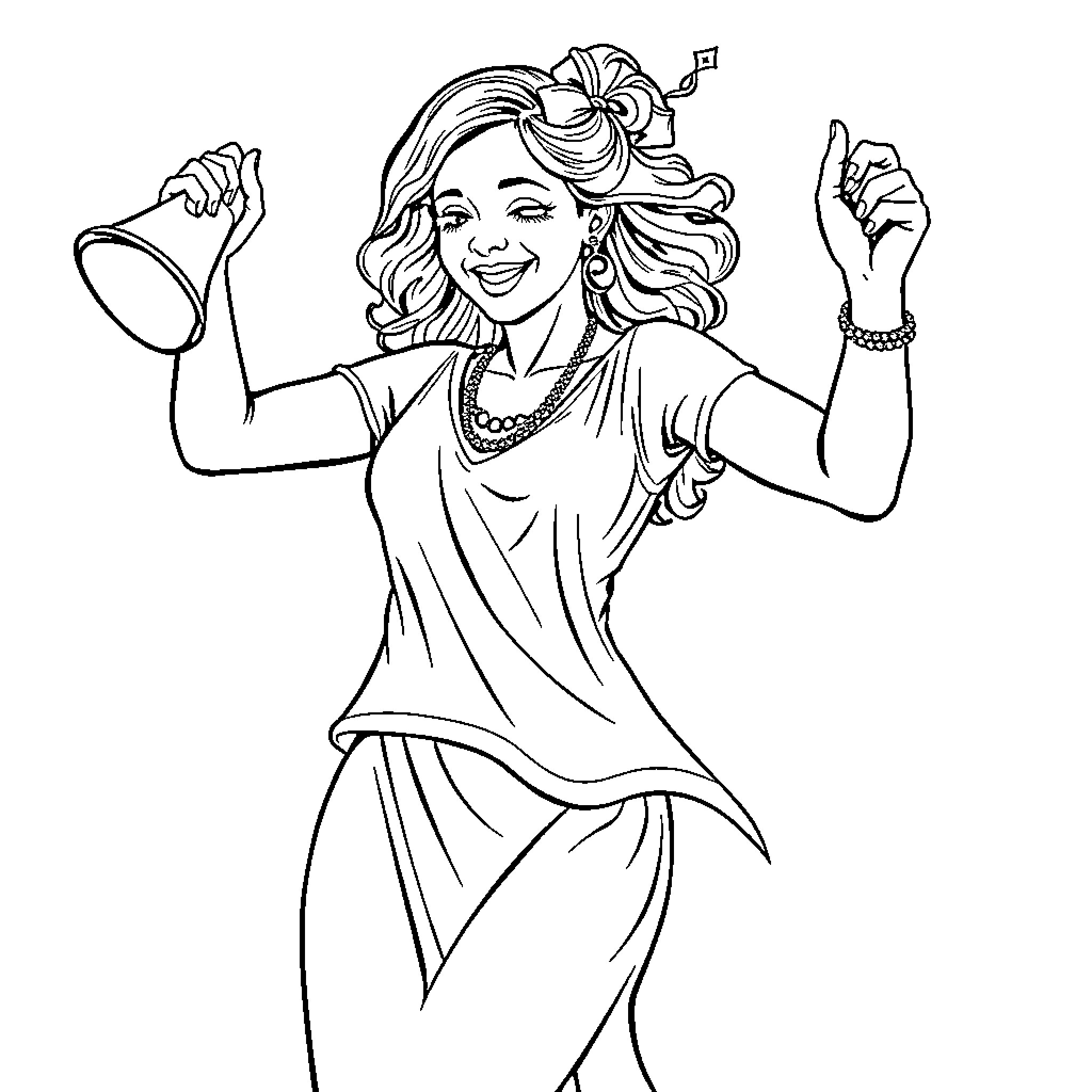 Woman dancing joyfully with a tambourine Coloring Page (free black-and-white line drawing printable PDF for all, from beginners to advanced learners, including children, teens, adults, and seniors)