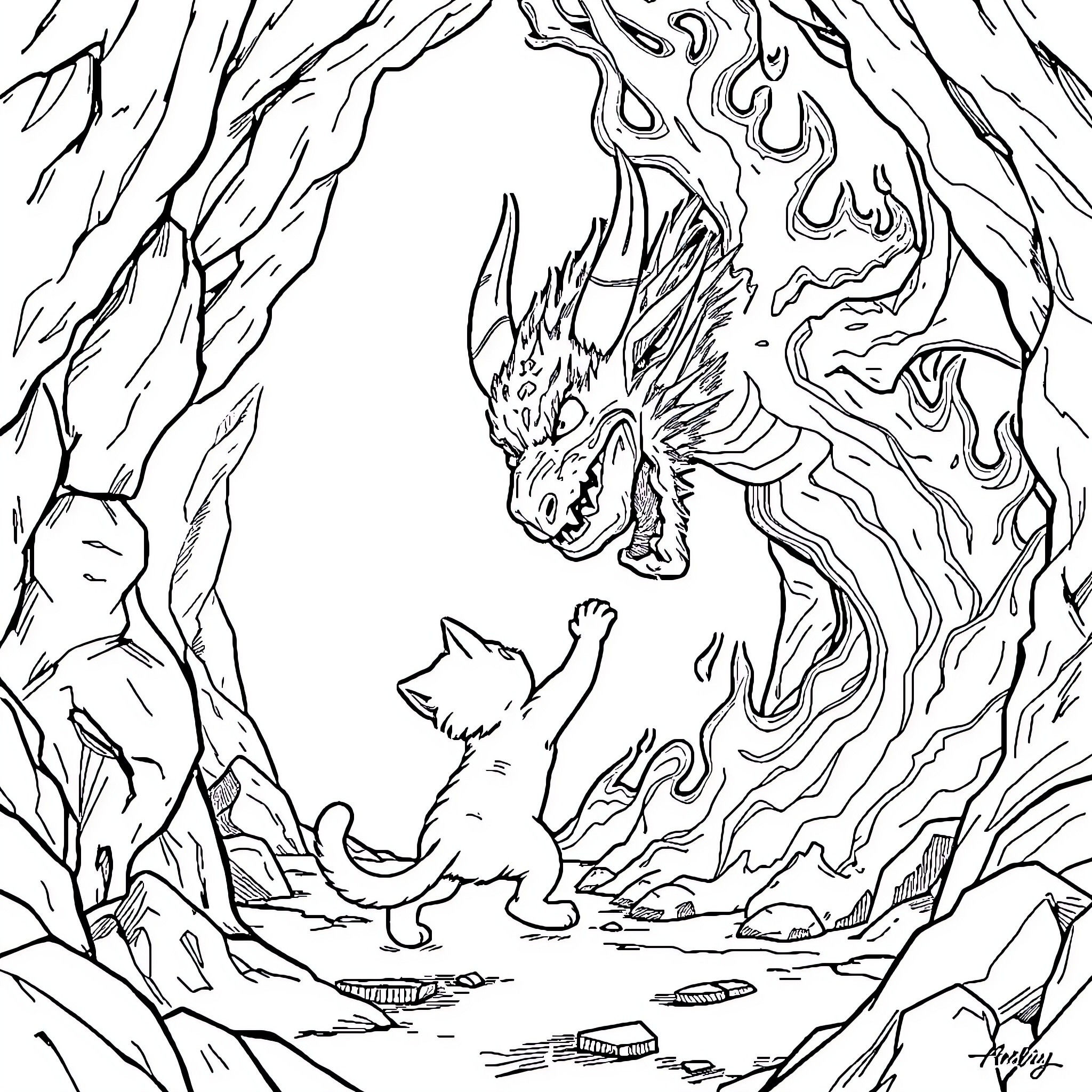 Cat Facing Off with Fearsome Dragon in Mythical Landscape Coloring Page (free black-and-white line drawing printable PDF for all, from beginners to advanced learners, including children, teens, adults, and seniors)