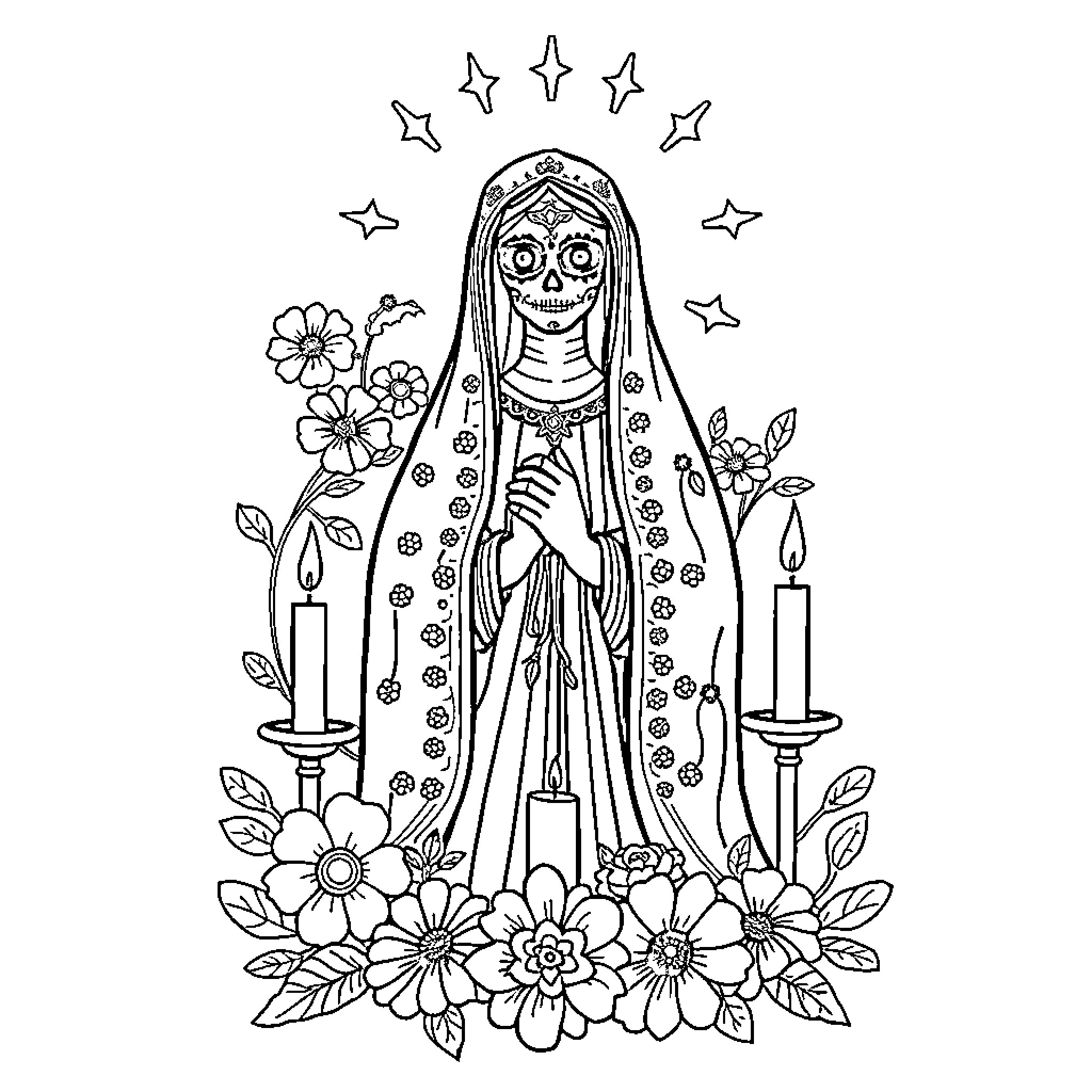 Virgin Mary surrounded by flowers and candles Coloring Page (free black-and-white line drawing printable PDF for all, from beginners to advanced learners, including children, teens, adults, and seniors)