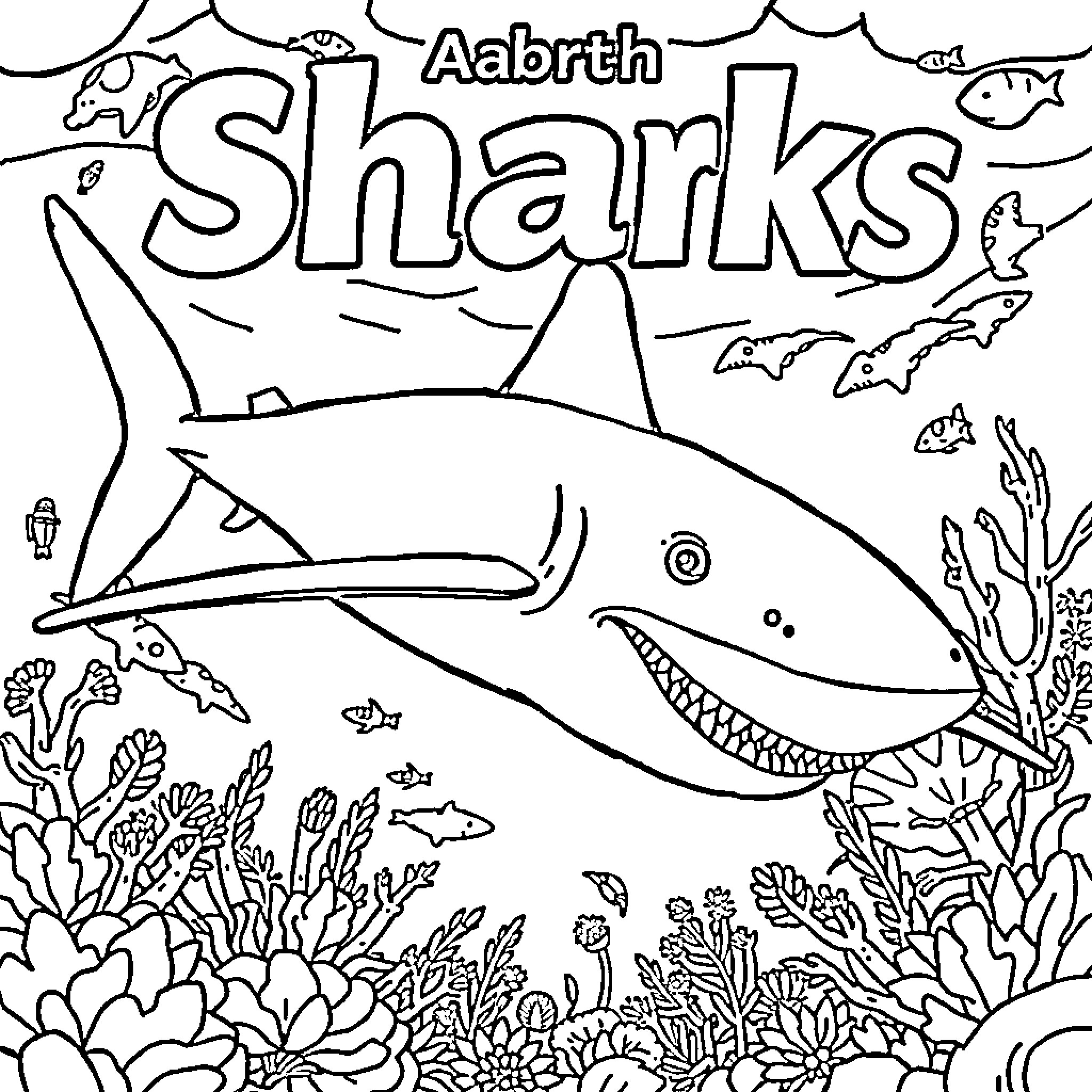 Shark swimming among coral reefs Coloring Page (free black-and-white line drawing printable PDF for all, from beginners to advanced learners, including children, teens, adults, and seniors)