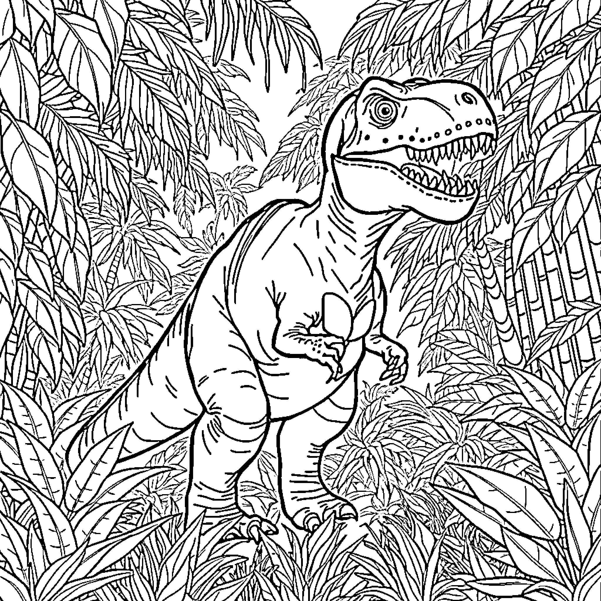 Dinosaur roaming through a lush jungle landscape Coloring Page (free black-and-white line drawing printable PDF for all, from beginners to advanced learners, including children, teens, adults, and seniors)