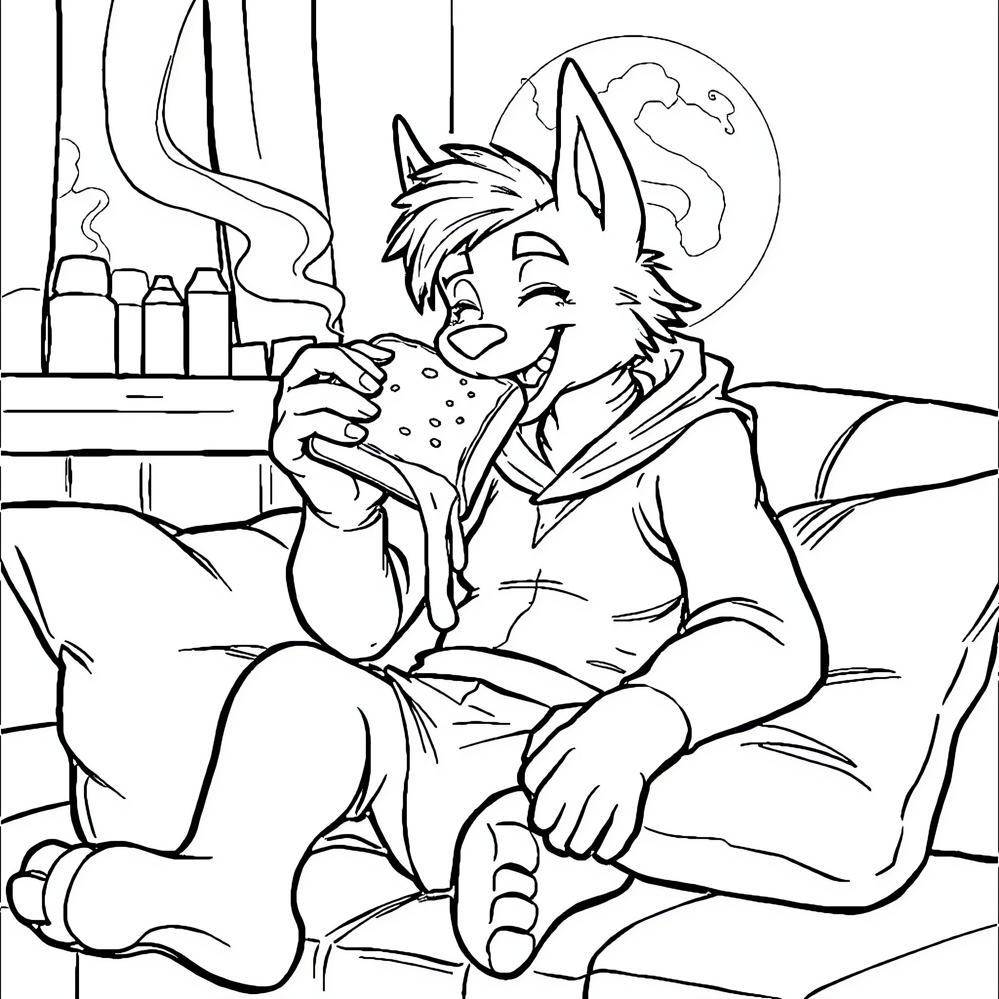 Wylder's relaxing moment with a drink Coloring Page (free black-and-white line drawing printable PDF for all, from beginners to advanced learners, including children, teens, adults, and seniors)