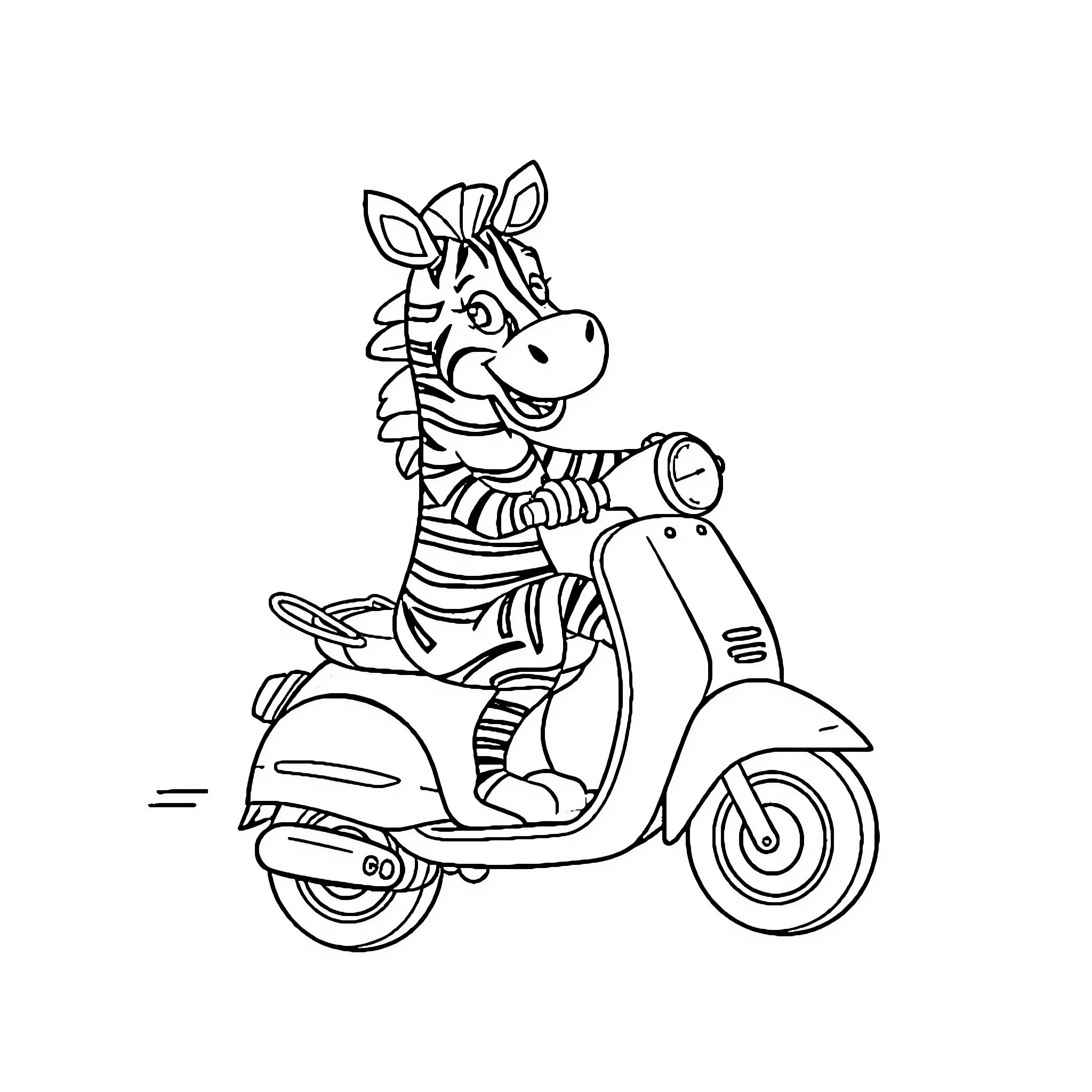 Zebra riding a scooter in the city Coloring Page (free black-and-white line drawing printable PDF for all, from beginners to advanced learners, including children, teens, adults, and seniors)