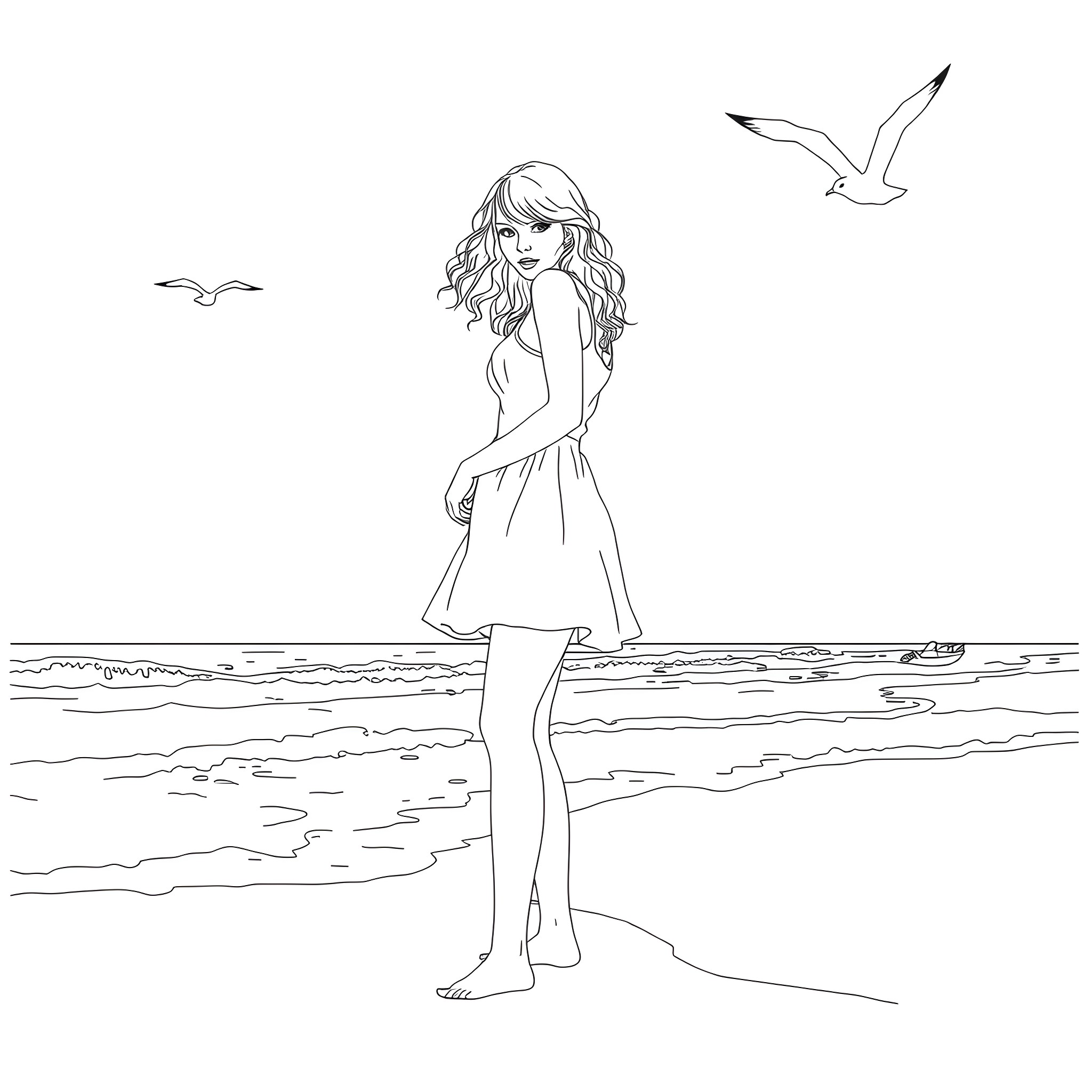 Taylor Swift enjoying a peaceful moment by the ocean Coloring Page (free black-and-white line drawing printable PDF for all, from beginners to advanced learners, including children, teens, adults, and seniors)