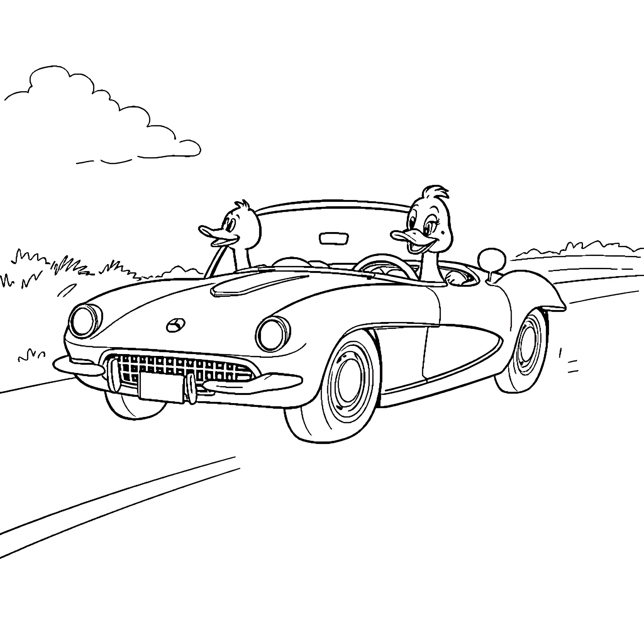 Duck duo cruising in a classic convertible Coloring Page (free black-and-white line drawing printable PDF for all, from beginners to advanced learners, including children, teens, adults, and seniors)