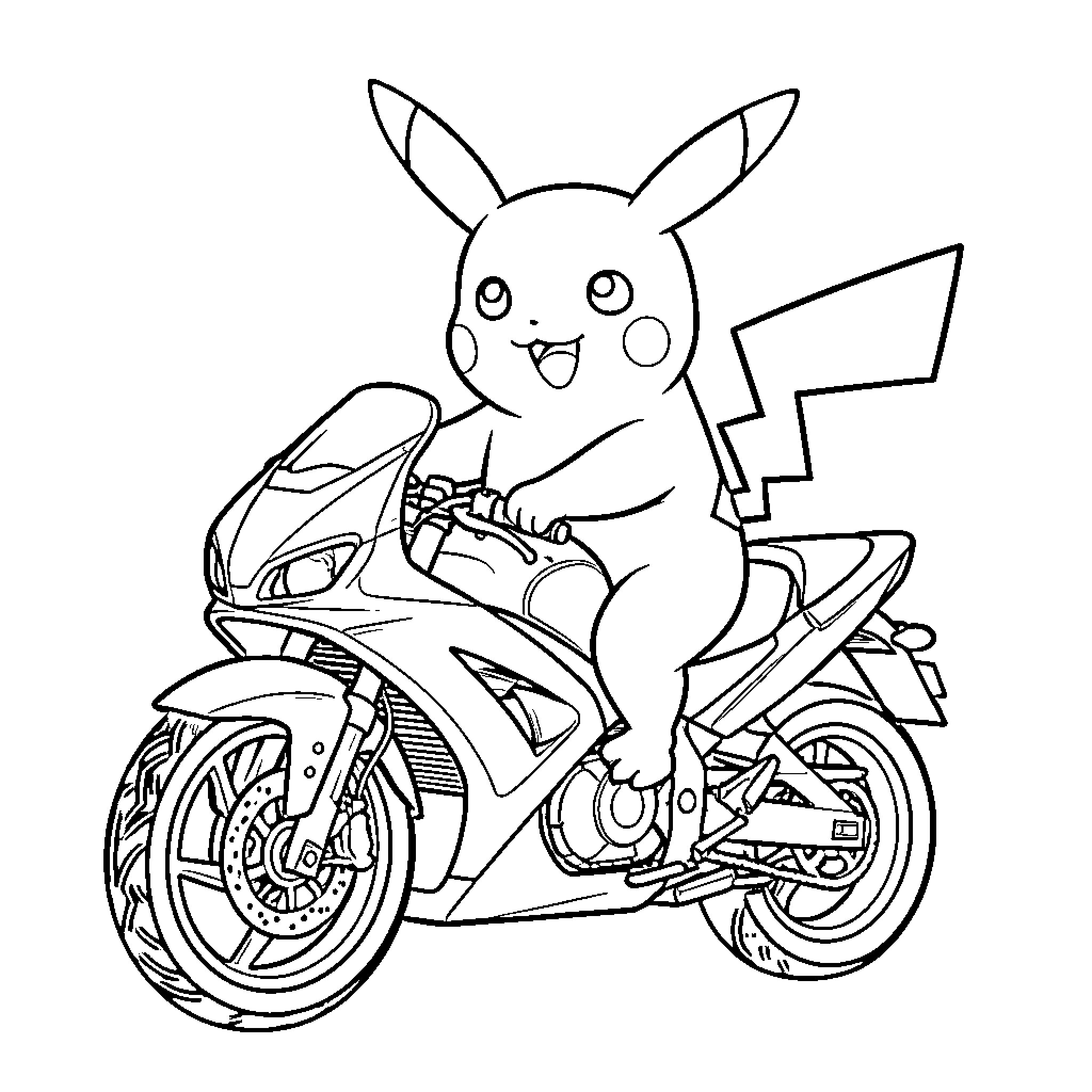 Pikachu riding a motorcycle with excitement Coloring Page (free black-and-white line drawing printable PDF for all, from beginners to advanced learners, including children, teens, adults, and seniors)