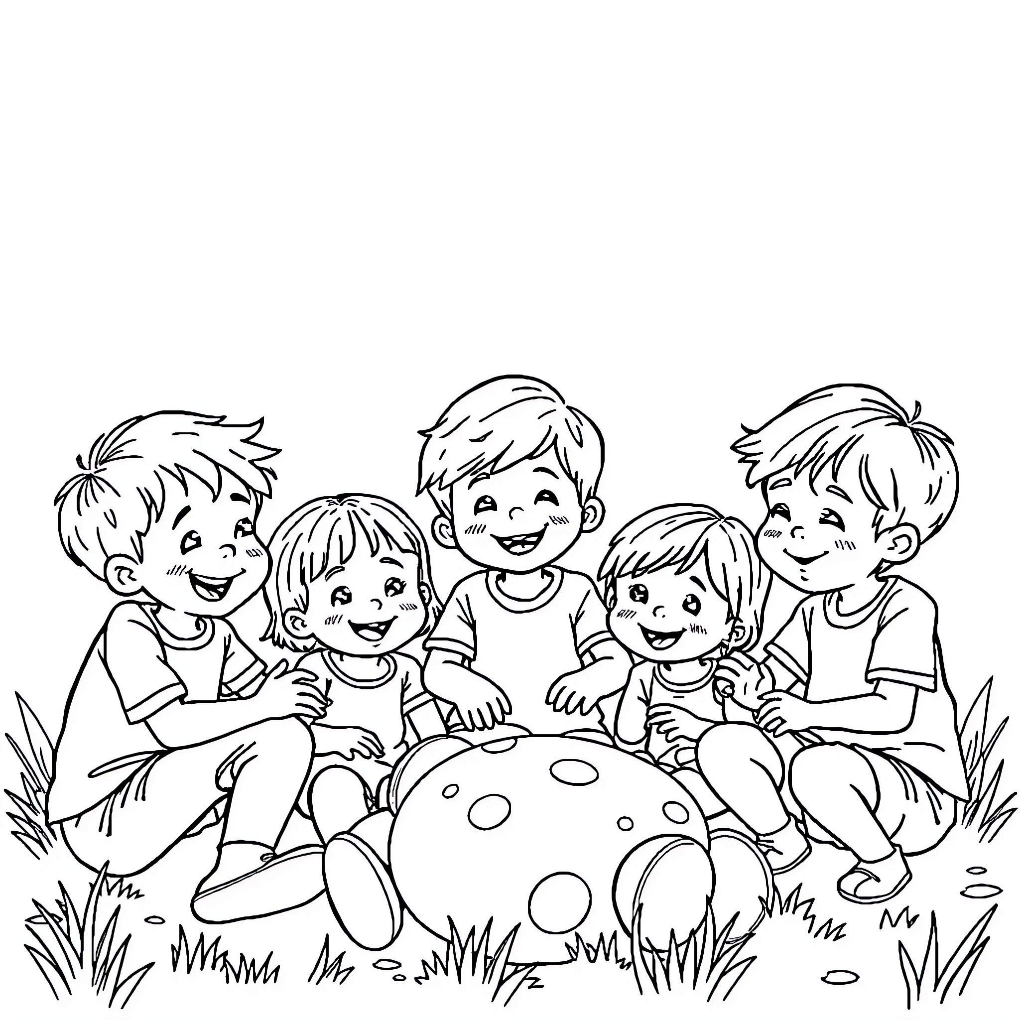 Children playing together outdoors Coloring Page (free black-and-white line drawing printable PDF for all, from beginners to advanced learners, including children, teens, adults, and seniors)