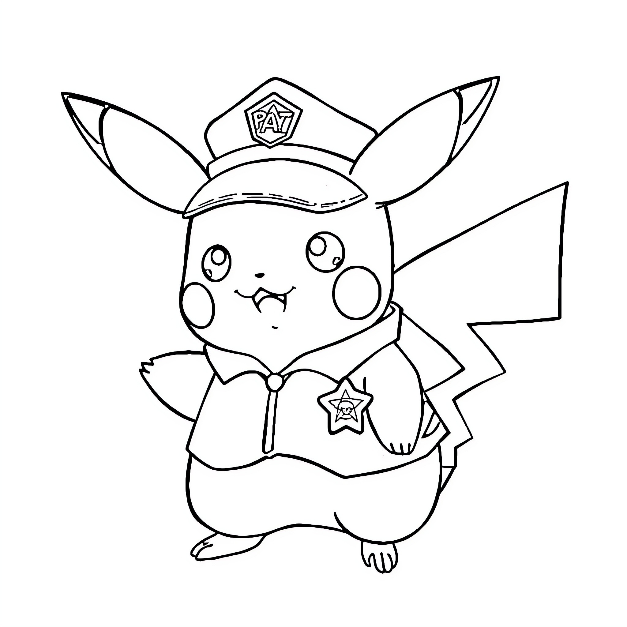 Pikachu dressed as a police officer Coloring Page (free black-and-white line drawing printable PDF for all, from beginners to advanced learners, including children, teens, adults, and seniors)