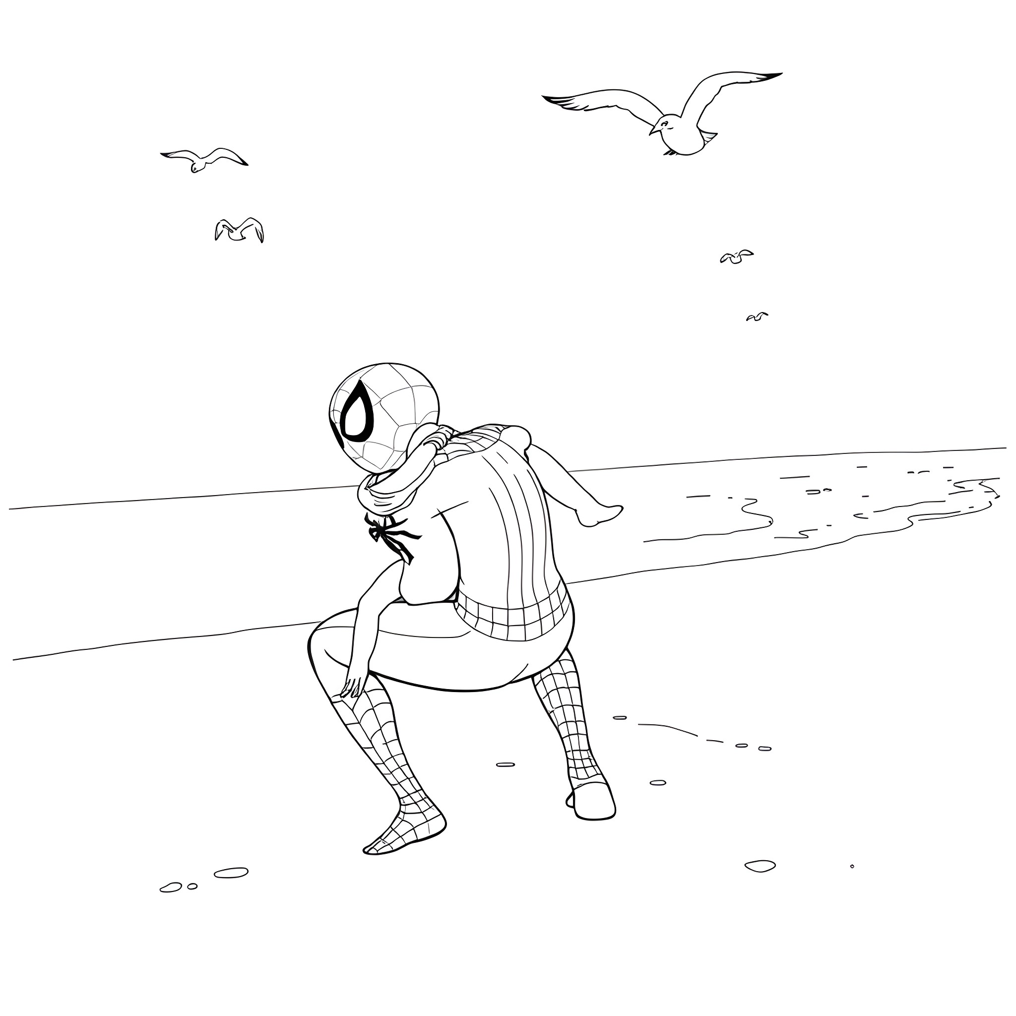 Spiderman resting on the beach with seagulls Coloring Page (free black-and-white line drawing printable PDF for all, from beginners to advanced learners, including children, teens, adults, and seniors)