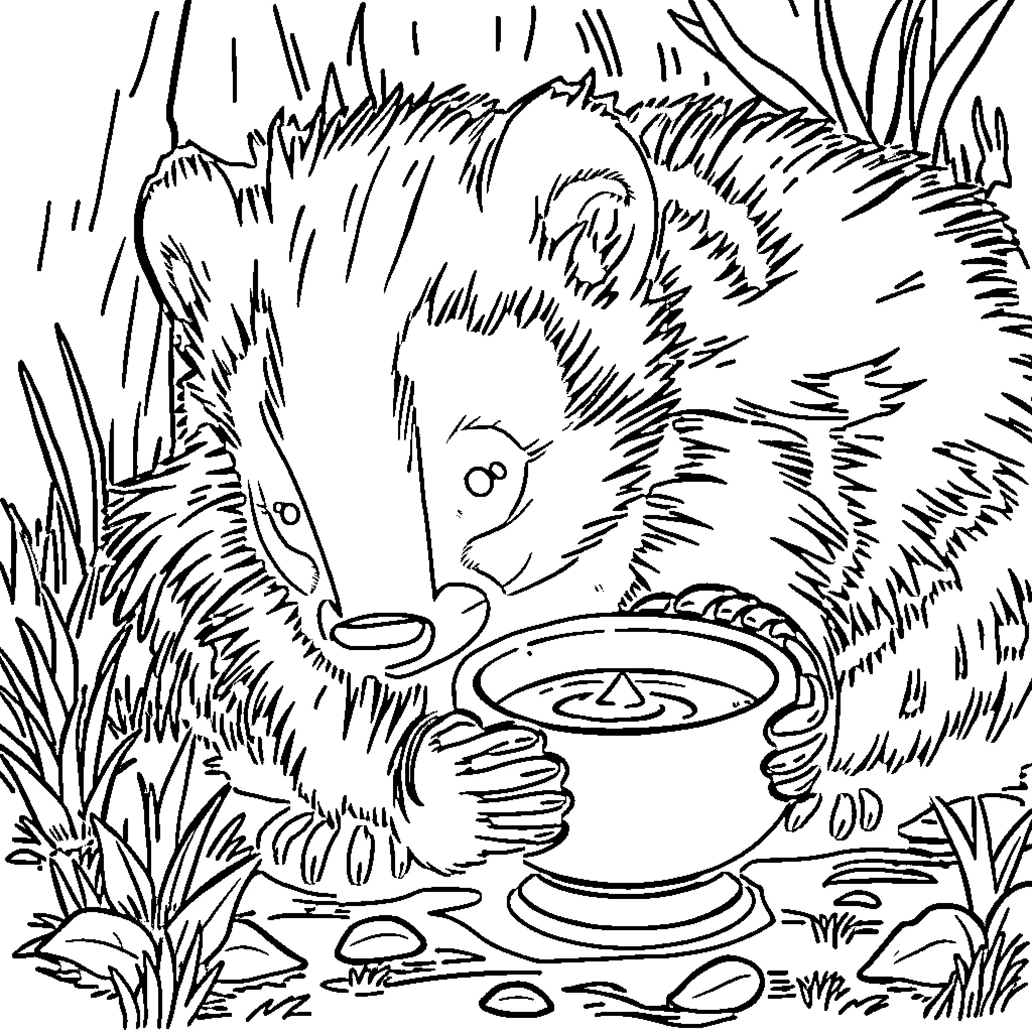 Skunk exploring food in forest Coloring Page (free black-and-white line drawing printable PDF for all, from beginners to advanced learners, including children, teens, adults, and seniors)
