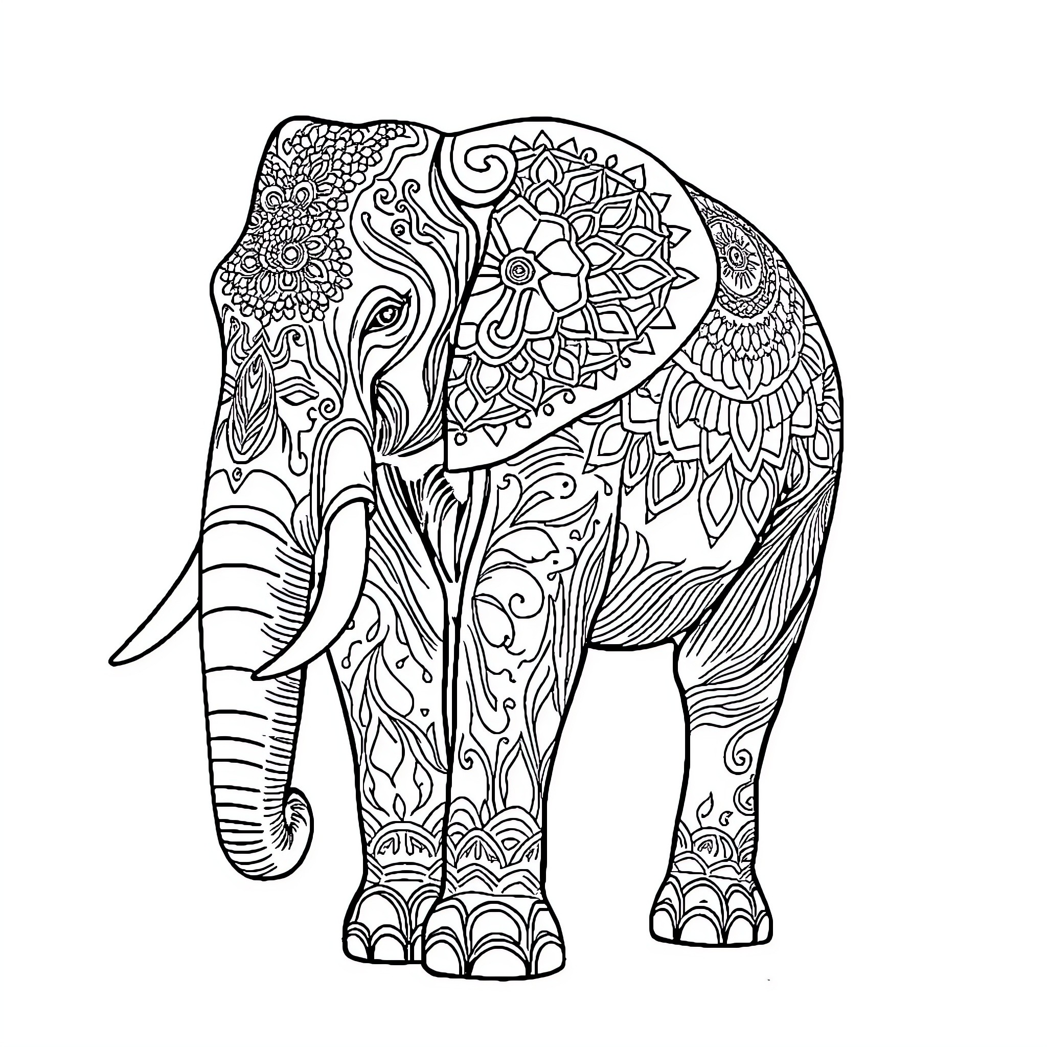Elephant with intricate floral patterns Coloring Page (free black-and-white line drawing printable PDF for all, from beginners to advanced learners, including children, teens, adults, and seniors)