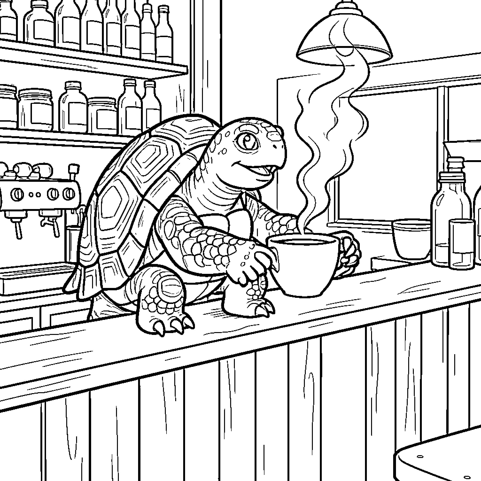 Tortuga relaxing at a cozy cafe Coloring Page (free black-and-white line drawing printable PDF for all, from beginners to advanced learners, including children, teens, adults, and seniors)